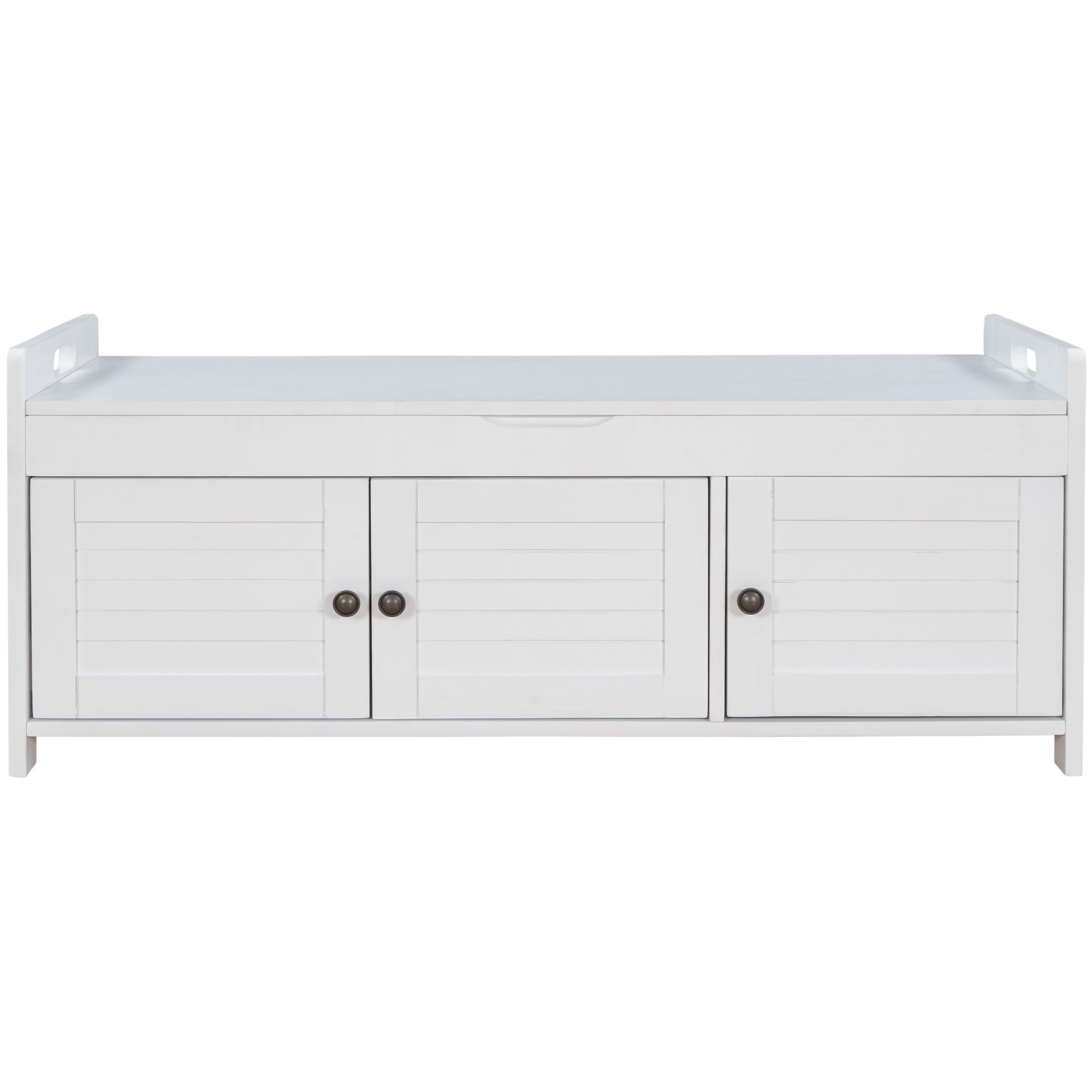 Storage Bench With 3 Shutter Shaped Doors, Shoe Bench With Removable Cushion And Hidden Storage Space White, Old Sku: Wf284226Aak White Mdf