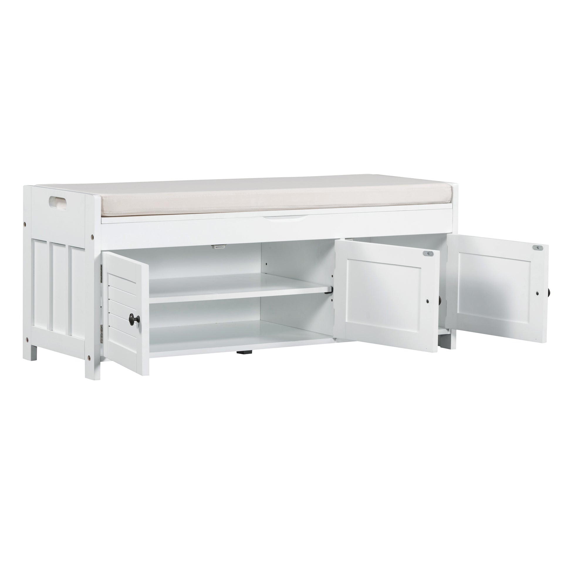 Storage Bench With 3 Shutter Shaped Doors, Shoe Bench With Removable Cushion And Hidden Storage Space White, Old Sku: Wf284226Aak White Mdf