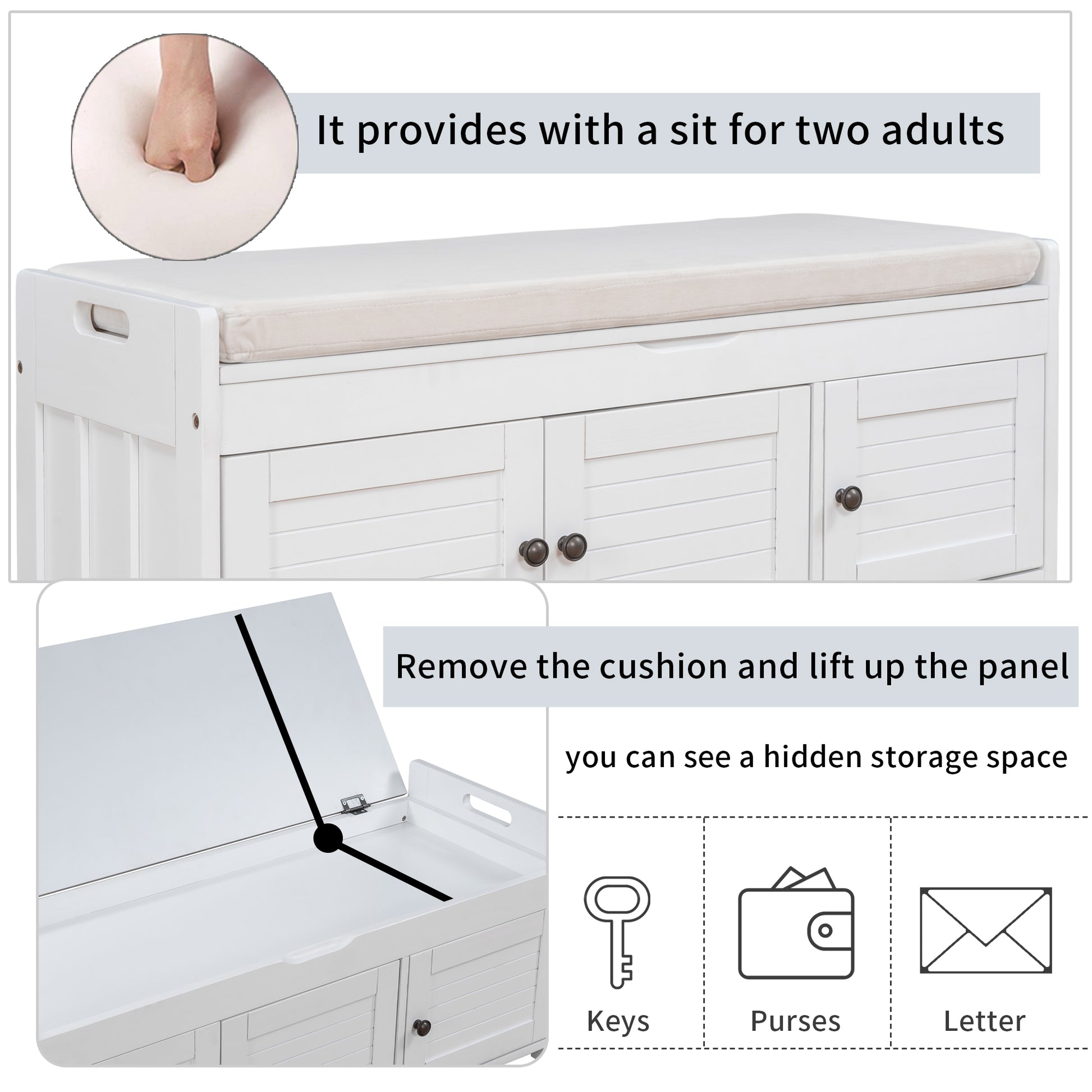 Storage Bench With 3 Shutter Shaped Doors, Shoe Bench With Removable Cushion And Hidden Storage Space White, Old Sku: Wf284226Aak White Mdf