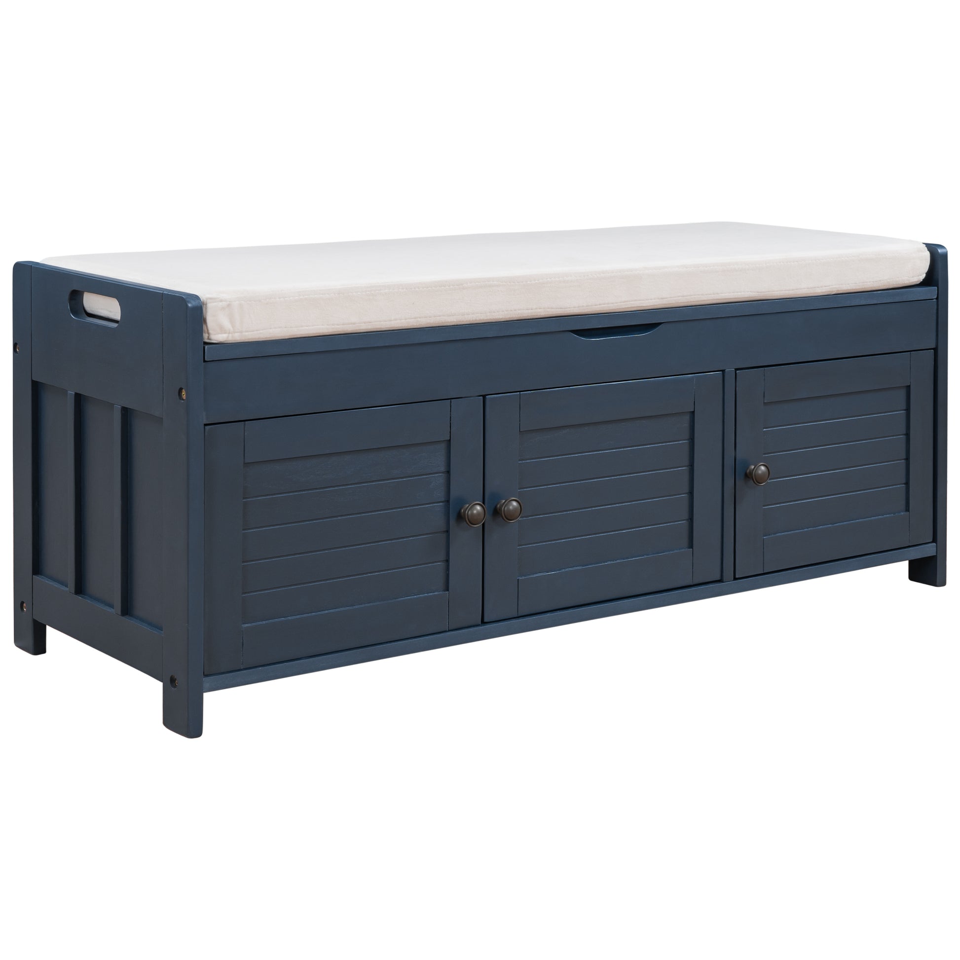 Storage Bench With 3 Shutter Shaped Doors, Shoe Bench With Removable Cushion And Hidden Storage Space Antique Navy, Old Sku: Wf284226Aam Antique Navy Mdf