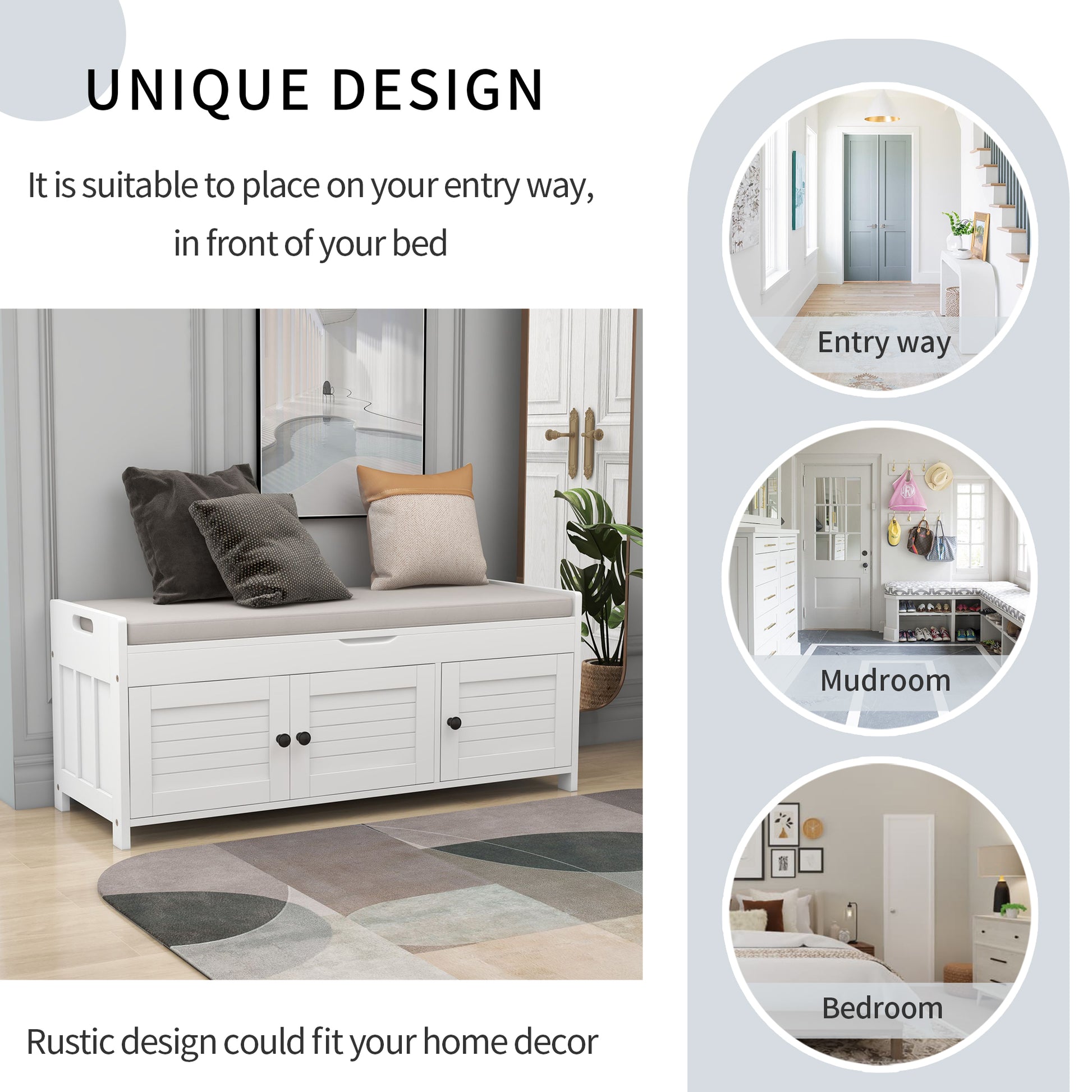 Storage Bench With 3 Shutter Shaped Doors, Shoe Bench With Removable Cushion And Hidden Storage Space White, Old Sku: Wf284226Aak White Mdf