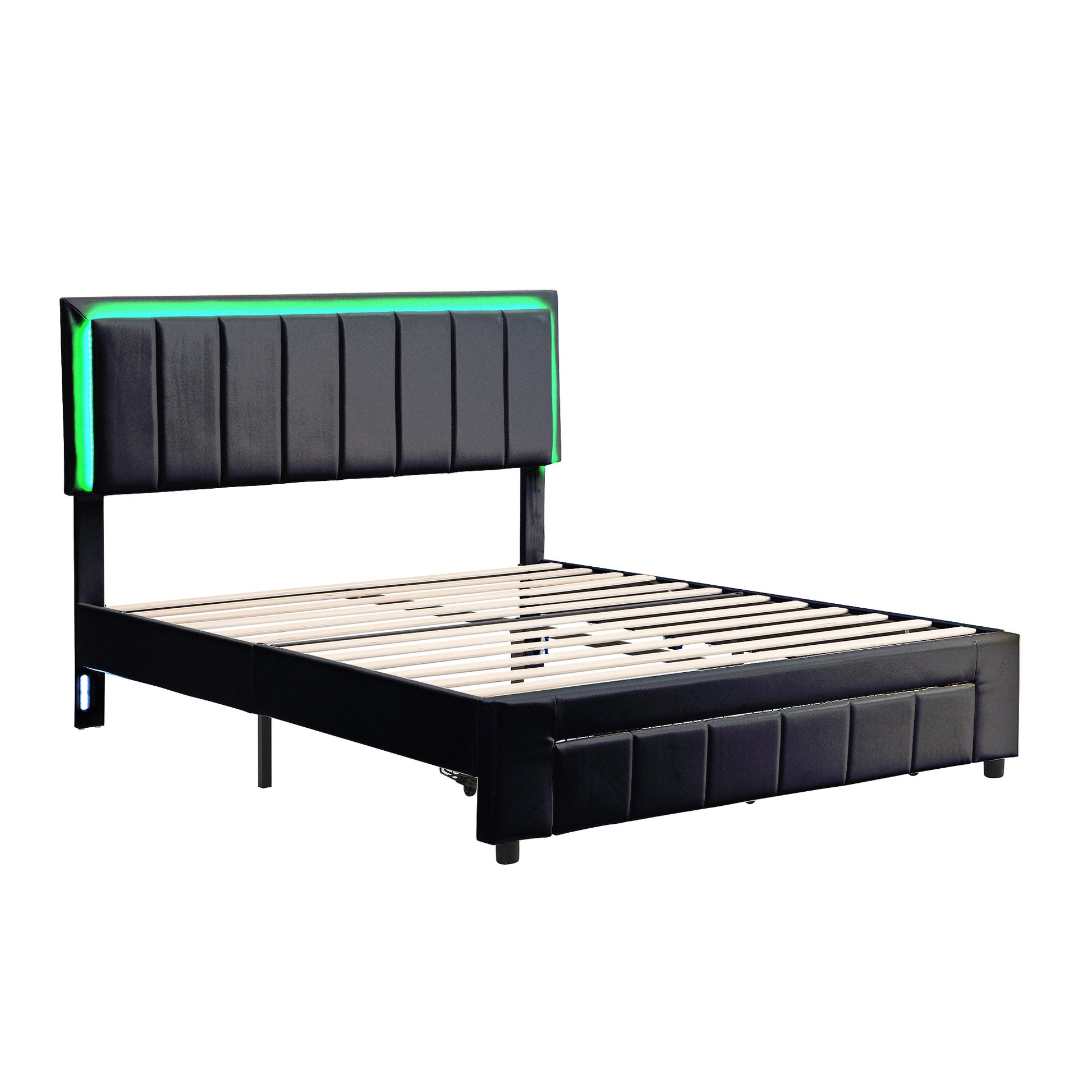 3 Pieces Bedroom Sets,Queen Size Upholstered Bed With Led Lights And Two Motion Activated Night Lights,Pu Nightstand With 2 Drawers And Crystal Handle,Black Queen Black 3 Piece Set Wood