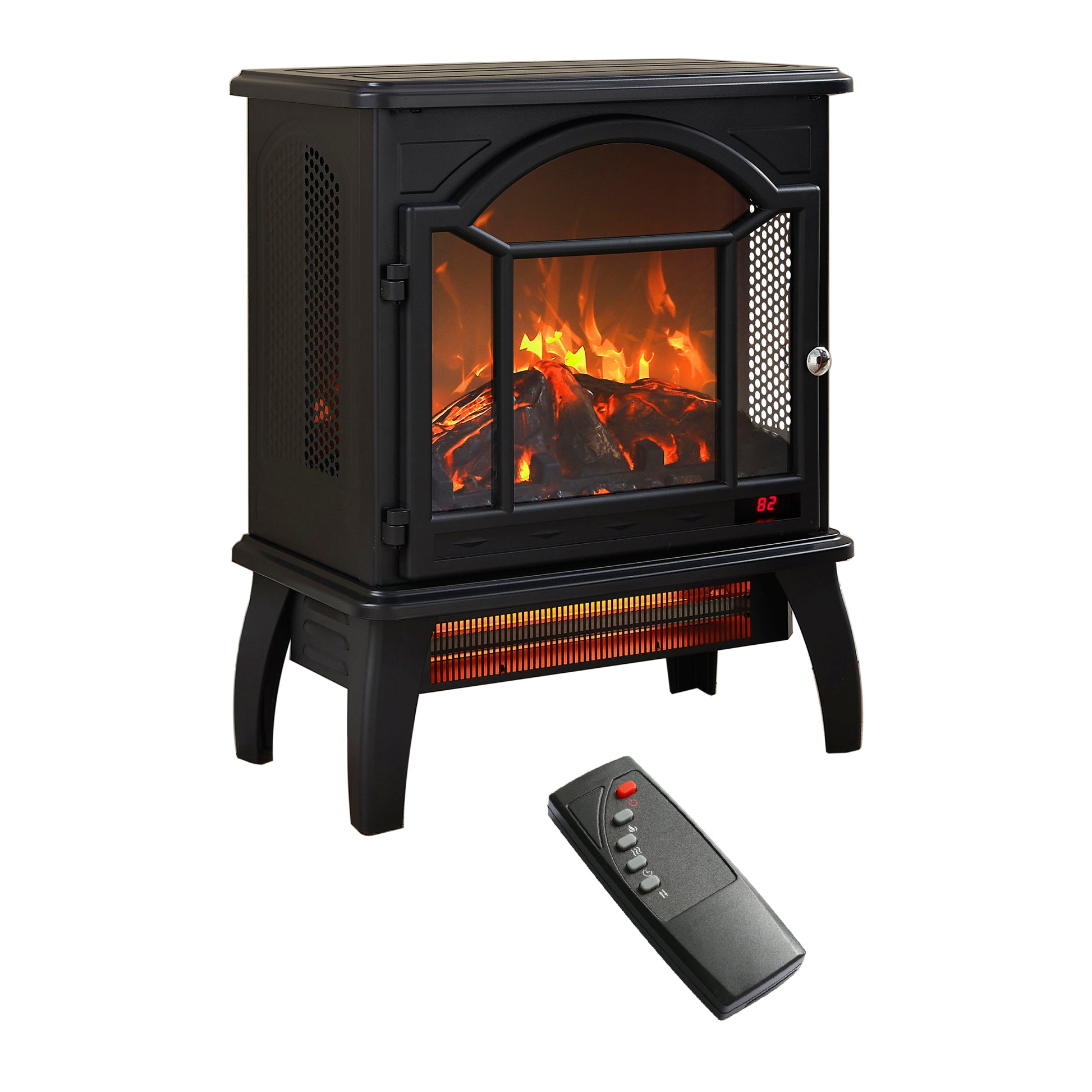 18 Inch 3D Flame Electric Infrared Quartz Fireplace Stove With Remote Control Powder Coated Electric Yes Antique Black Vent Free Yes Freestanding Tempered Glass Sheet Metal Electric