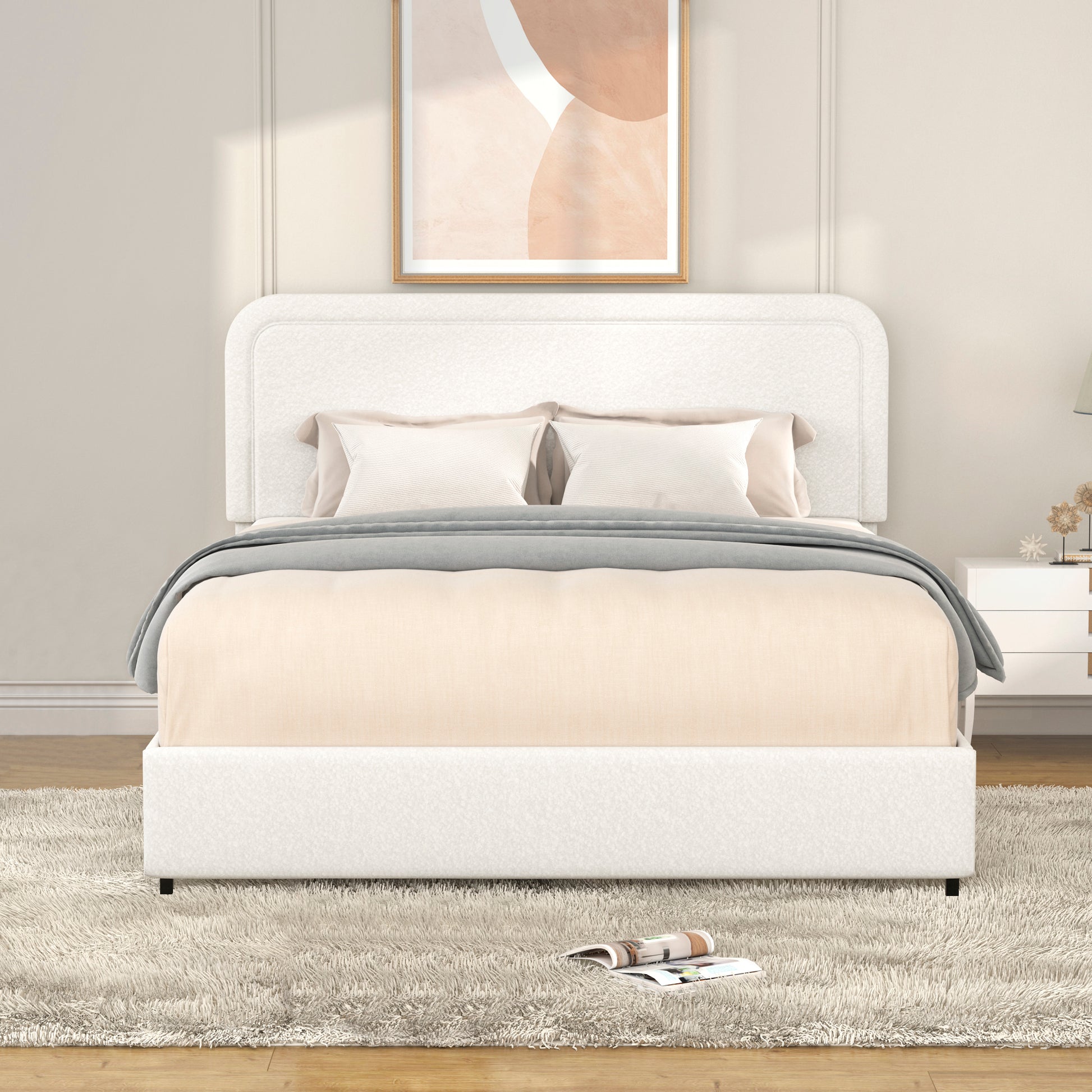 Liv Patented 2 Drawers Storage Bed Queen Size Ivory Boucle Upholstered Platform Bed, Curved Stitched Tufted Headboard, Wooden Slat Mattress Support, No Box Spring Needed Box Spring Not Required Queen Ivory Metal Bedroom