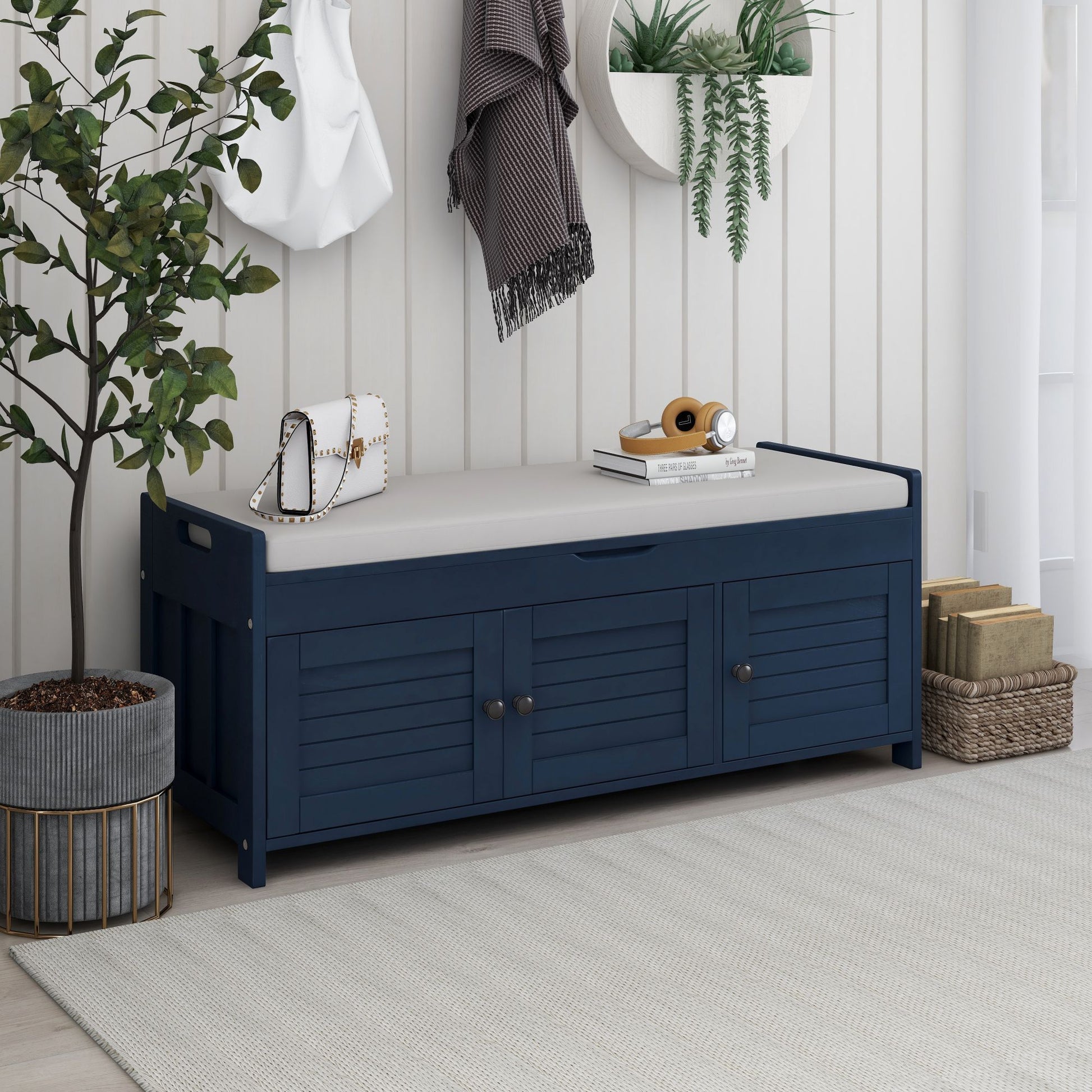 Storage Bench With 3 Shutter Shaped Doors, Shoe Bench With Removable Cushion And Hidden Storage Space Antique Navy, Old Sku: Wf284226Aam Antique Navy Mdf