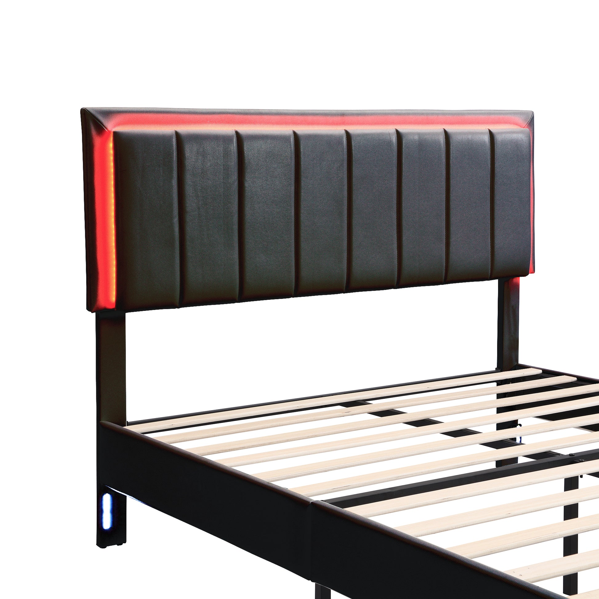 3 Pieces Bedroom Sets,Queen Size Upholstered Bed With Led Lights And Two Motion Activated Night Lights,Pu Nightstand With 2 Drawers And Crystal Handle,Black Queen Black 3 Piece Set Wood