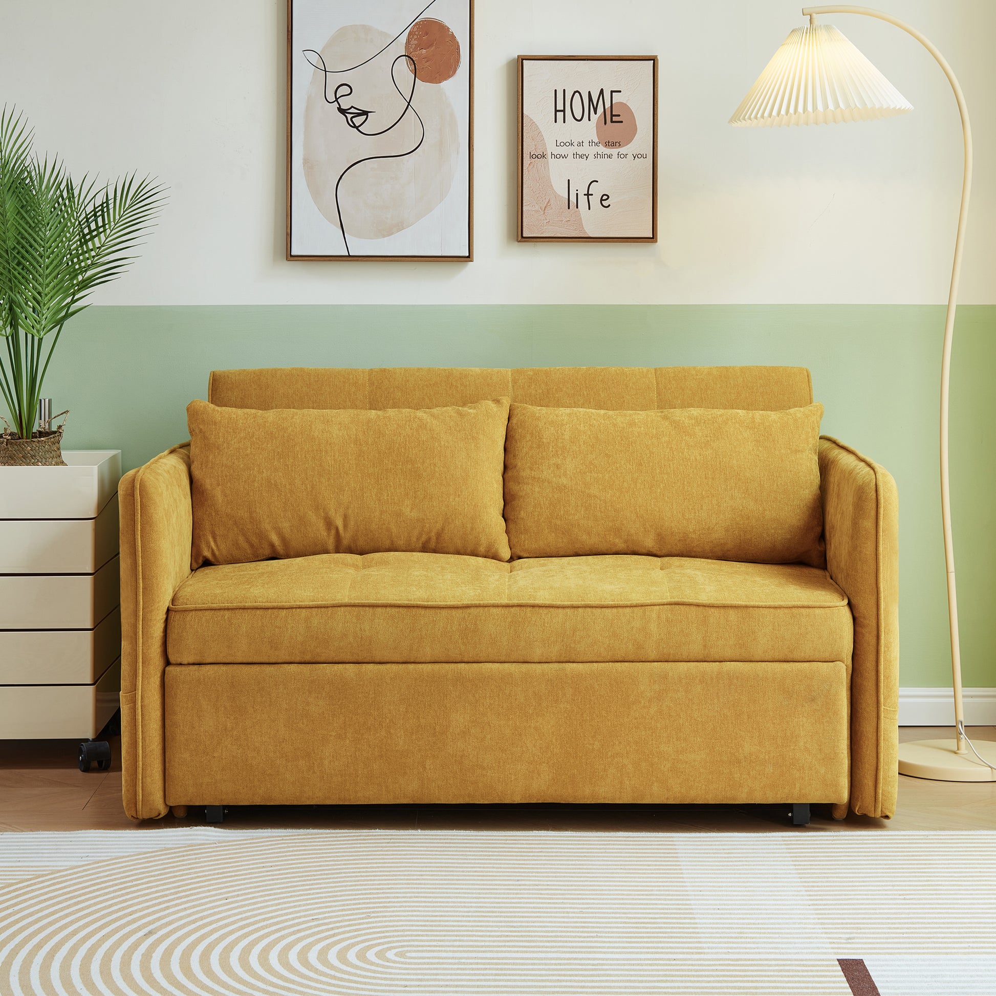 Chenille Fabric Pull Out Sofa Bed,Sleeper Seat Couch With Adjustable Armrests Yellow Yellow Modern Fabric 2 Seat