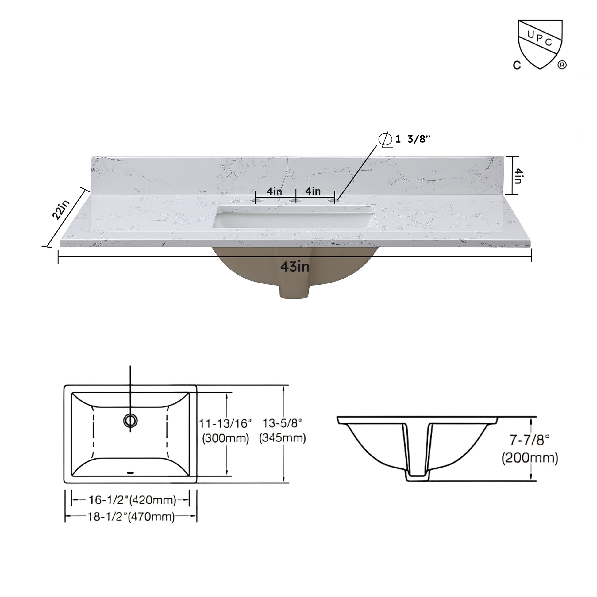 43"X 22" Bathroom Stone Vanity Top Carrara Jade Engineered Marble Color With Undermount Ceramic Sink And 3 Faucet Hole With Backsplash White Stone