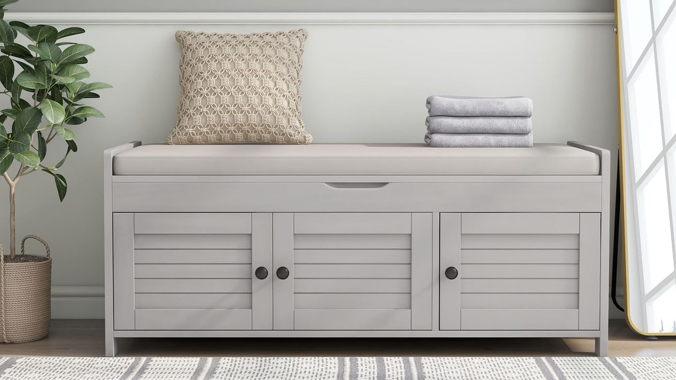 Storage Bench With 3 Shutter Shaped Doors, Shoe Bench With Removable Cushion And Hidden Storage Space Gray Wash, Old Sku: Wf284226Aae Gray Wash Mdf