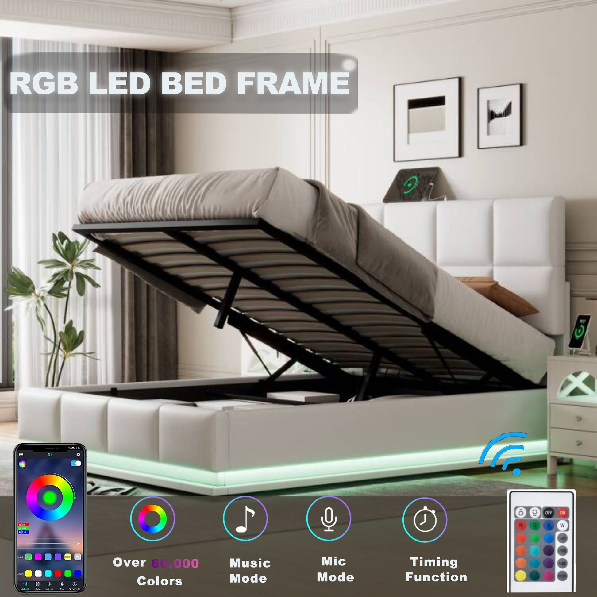 Full Size Tufted Upholstered Platform Bed With Hydraulic Storage System,Pu Storage Bed With Led Lights And Usb Charger, White White Pu