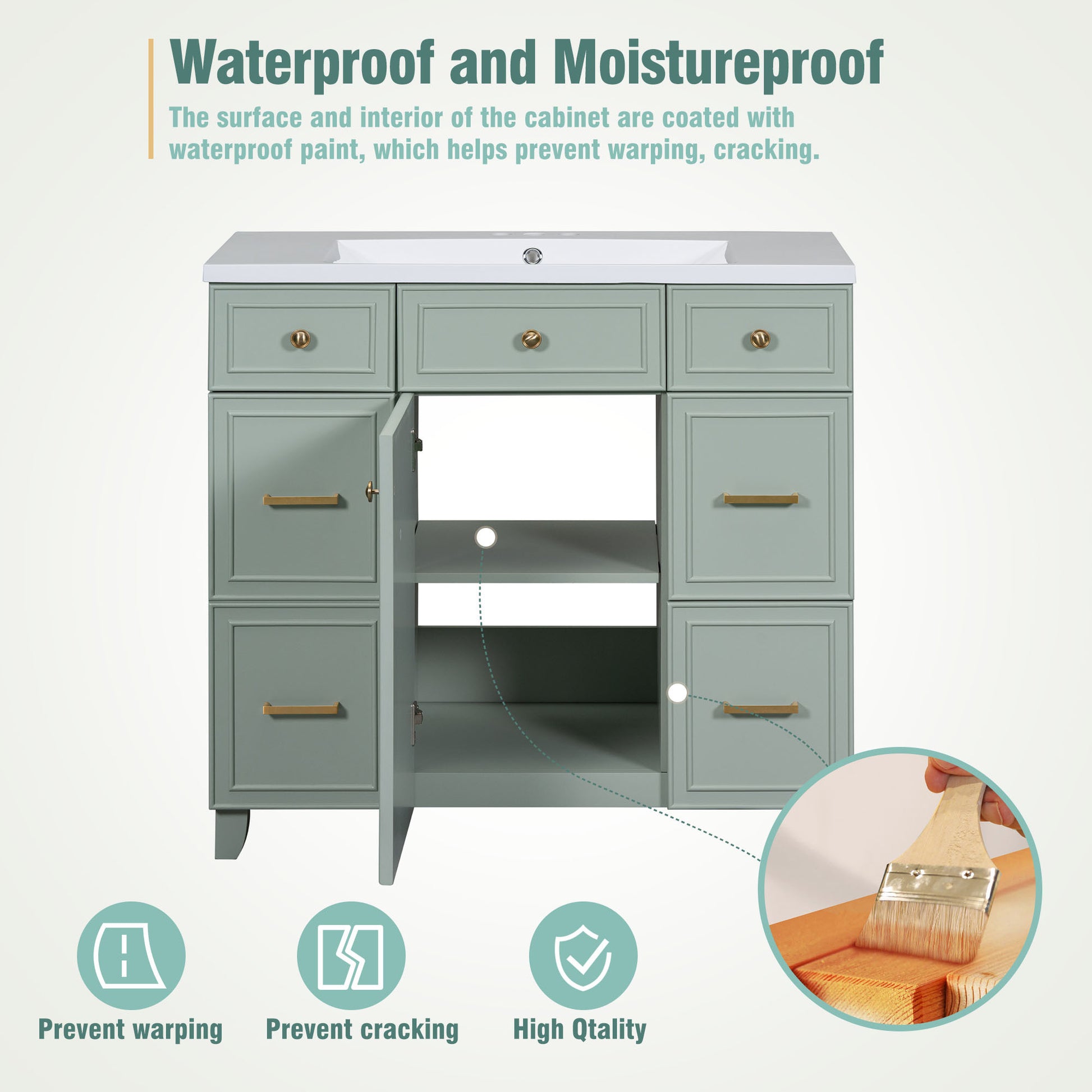 36" Bathroom Vanity Cabinet With Sink Top Combo Set, Green, Single Sink, Shaker Cabinet With Soft Closing Door And Drawer Green Solid Wood Mdf Resin