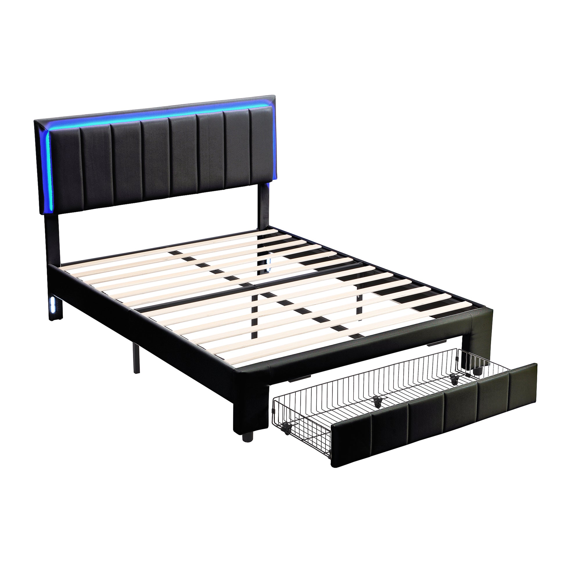 Upholstered Platform Bed With Led Lights And Two Motion Activated Night Lights,Queen Size Storage Bed With Drawer, Black Black Pu