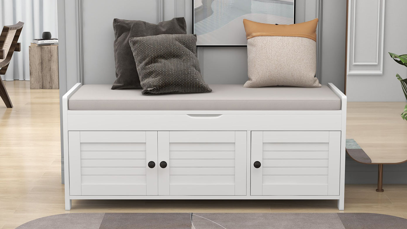 Storage Bench With 3 Shutter Shaped Doors, Shoe Bench With Removable Cushion And Hidden Storage Space White, Old Sku: Wf284226Aak White Mdf