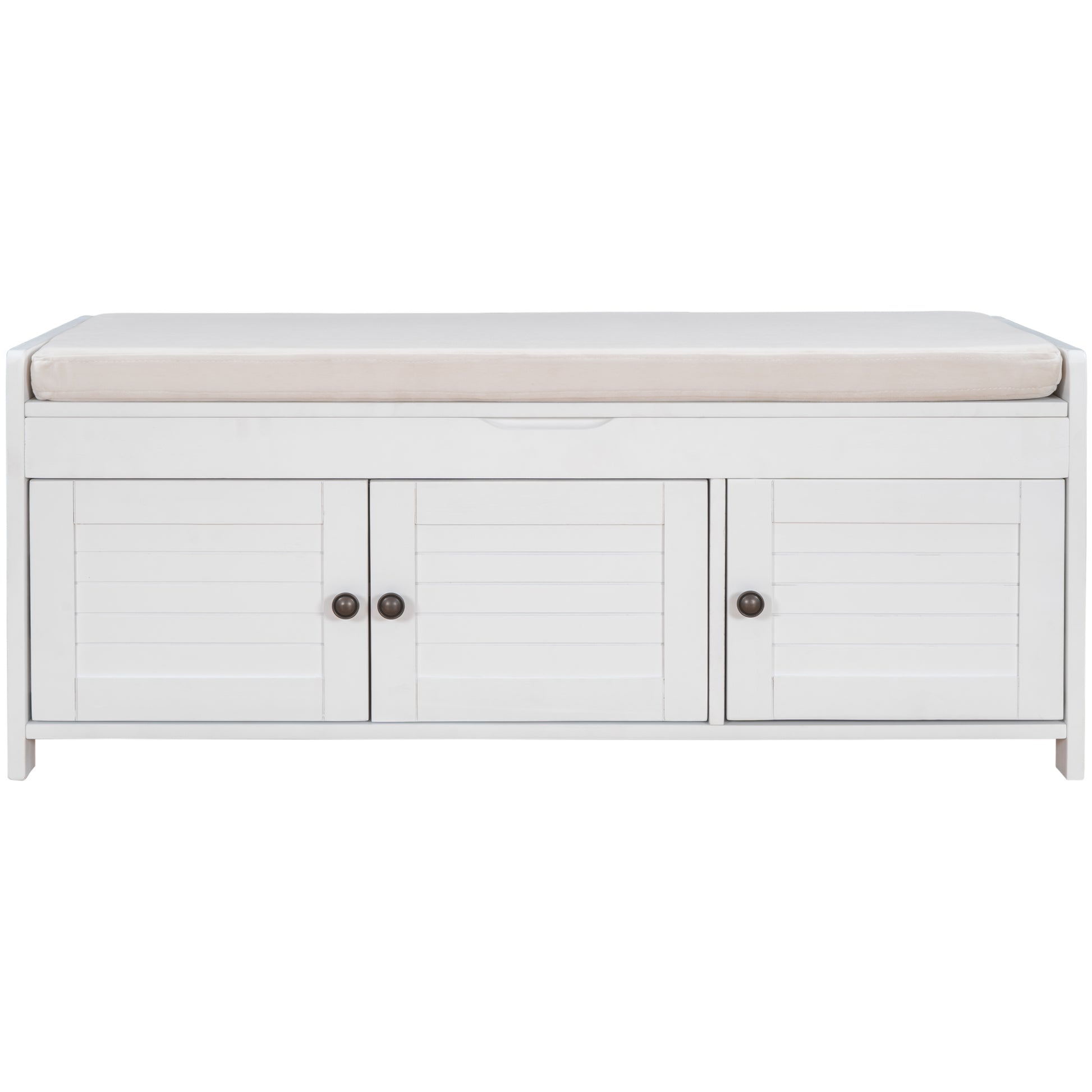 Storage Bench With 3 Shutter Shaped Doors, Shoe Bench With Removable Cushion And Hidden Storage Space White, Old Sku: Wf284226Aak White Mdf