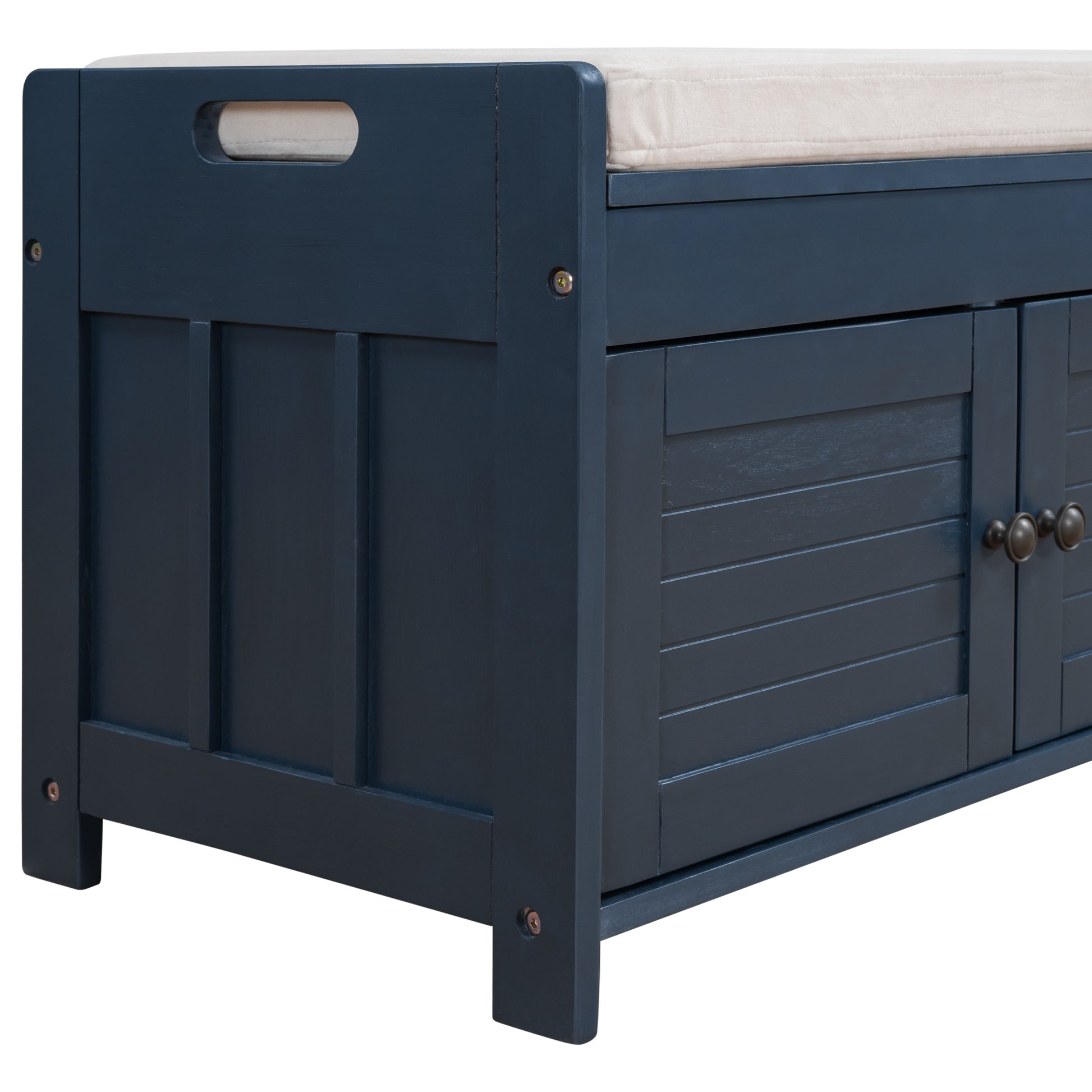 Storage Bench With 3 Shutter Shaped Doors, Shoe Bench With Removable Cushion And Hidden Storage Space Antique Navy, Old Sku: Wf284226Aam Antique Navy Mdf