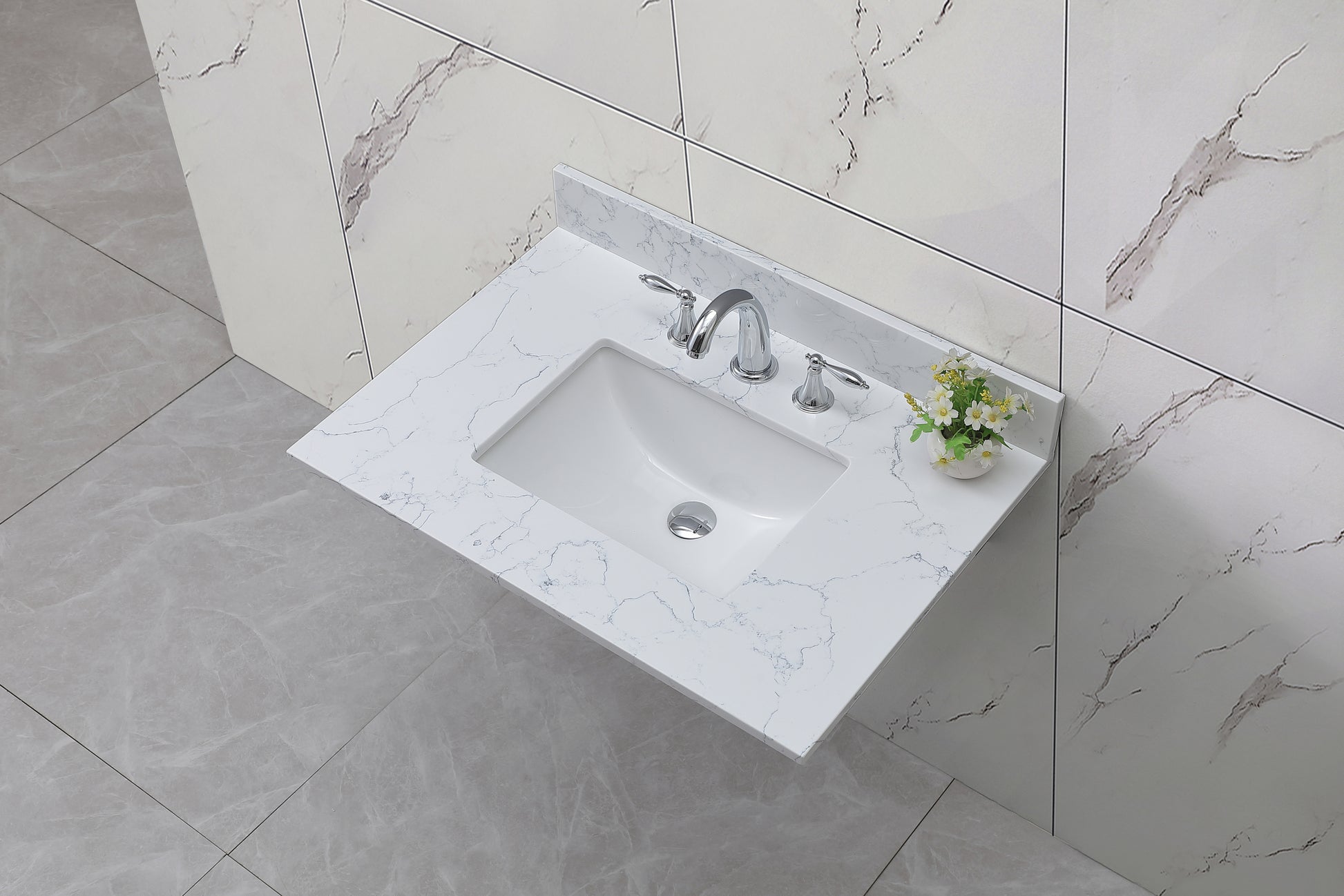 31"X 22" Bathroom Stone Vanity Top Carrara Jade Engineered Marble Color With Undermount Ceramic Sink And 3 Faucet Hole With Backsplash White Stone