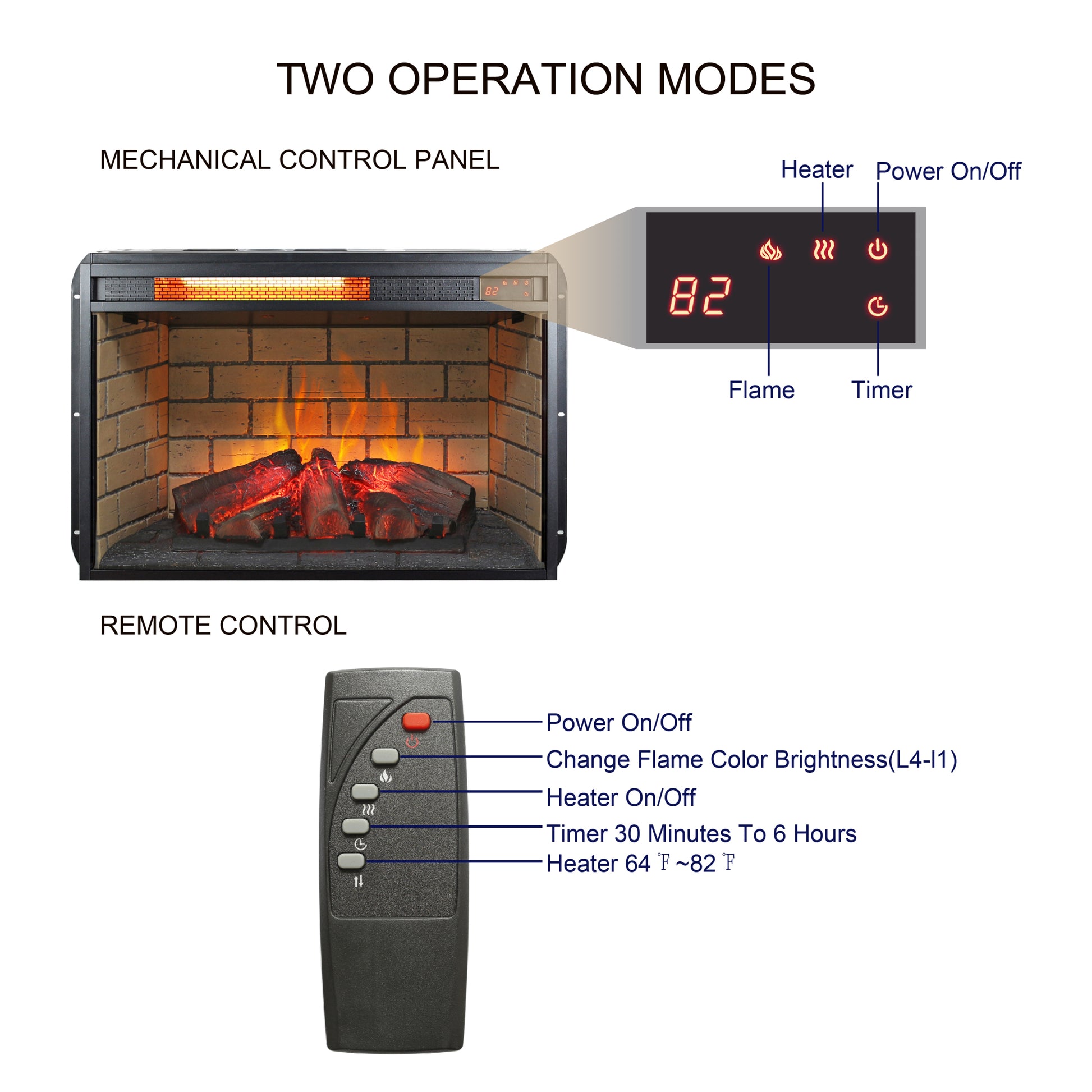 26 Inch Infrared Quartz Heater Fireplace Insert Woodlog Version With Brick Powder Coated Electric Antique Black Vent Free Primary Living Space Yes Insert Tempered Glass Sheet Metal Plastic Electric