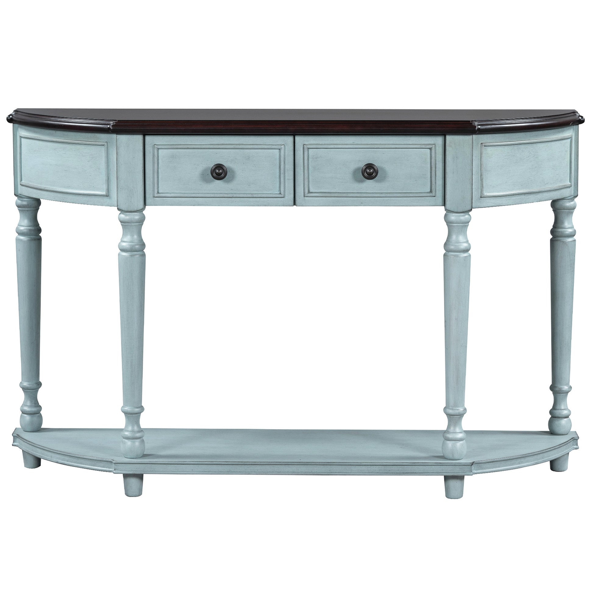 Retro Circular Curved Design Console Table With Open Style Shelf Solid Wooden Frame And Legs Two Top Drawers Cherry Antique Blue, Old Sku: Wf298768Aac Cherry Antique Blue Solid Wood