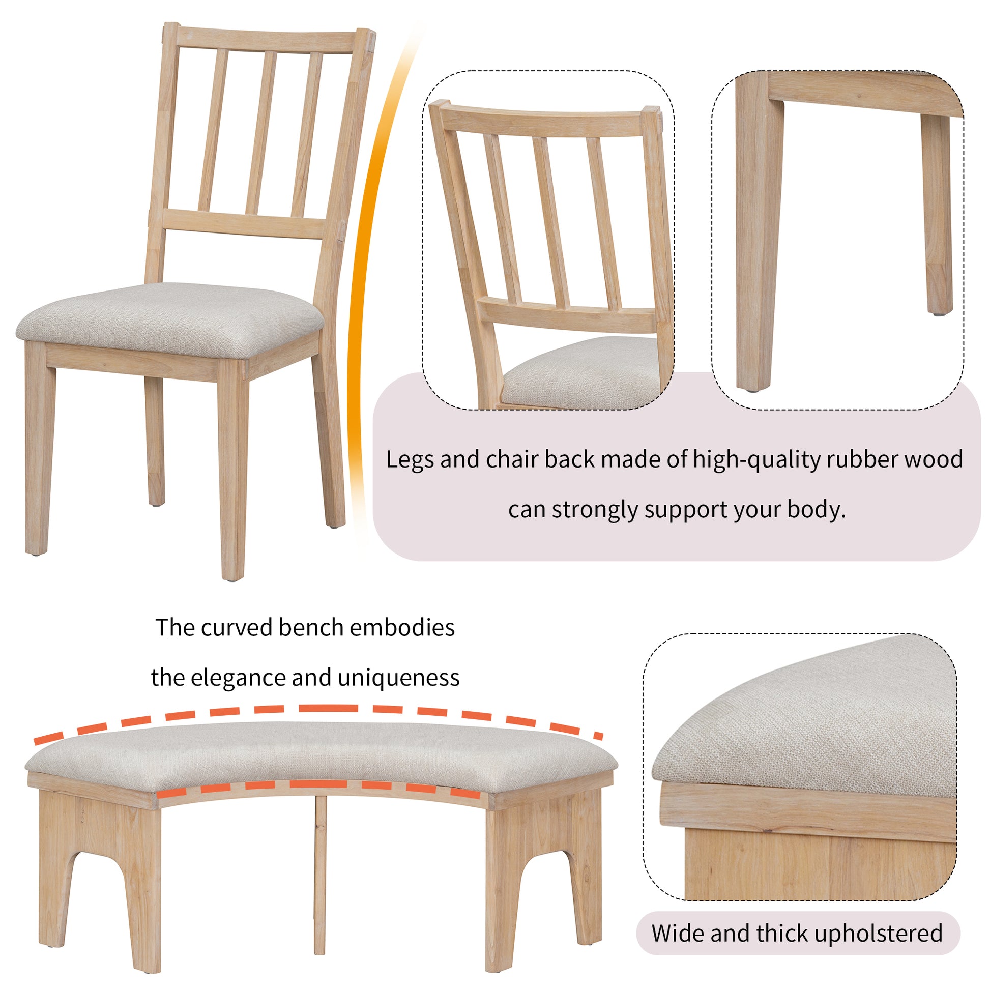 5 Piece Dining Table Set, 44" Round Dining Table With Curved Bench & Side Chairs For 4 5 People For Dining Room And Kitchen Natural Wood Wash Wood Dining Room Distressed Finish Rubberwood Round Dining Table With Chair And Bench Upholstered Chair Wood