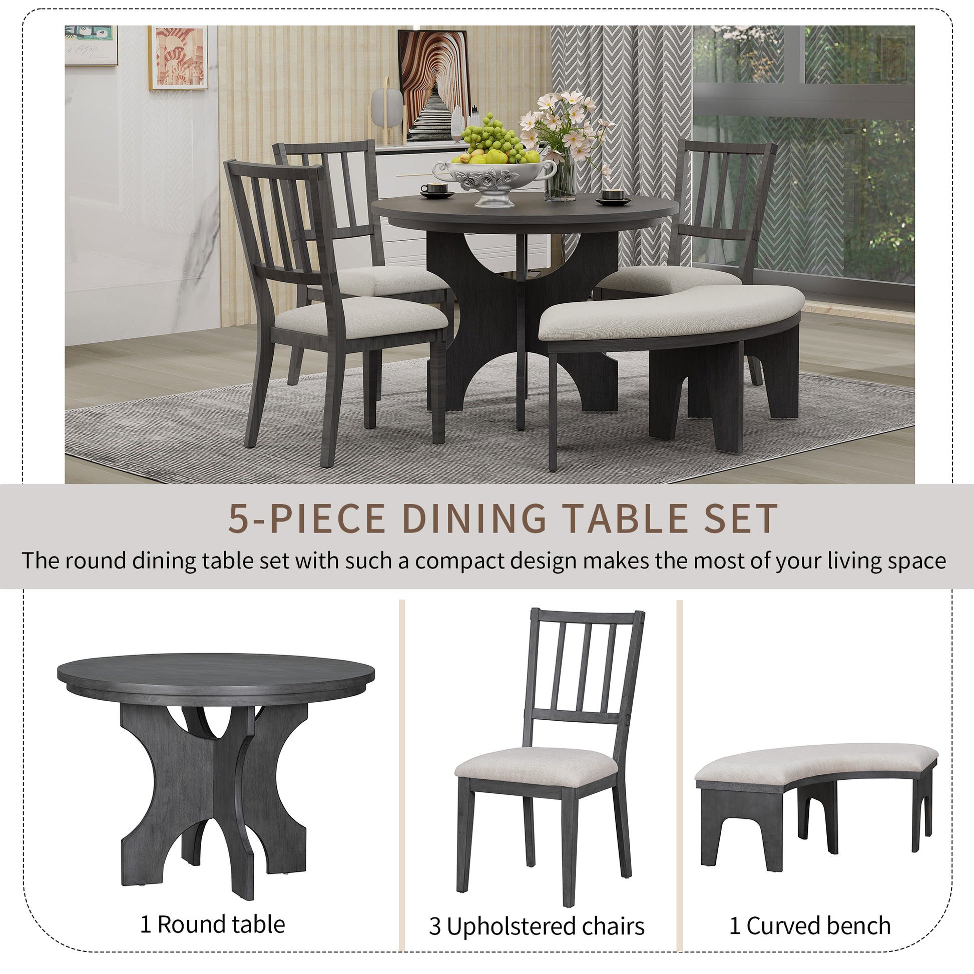 5 Piece Dining Table Set, 44" Round Dining Table With Curved Bench & Side Chairs For 4 5 People For Dining Room And Kitchen Grey Wood Dining Room Distressed Finish Rubberwood Round Dining Table With Chair And Bench Upholstered Chair Wood Grey Slat Back