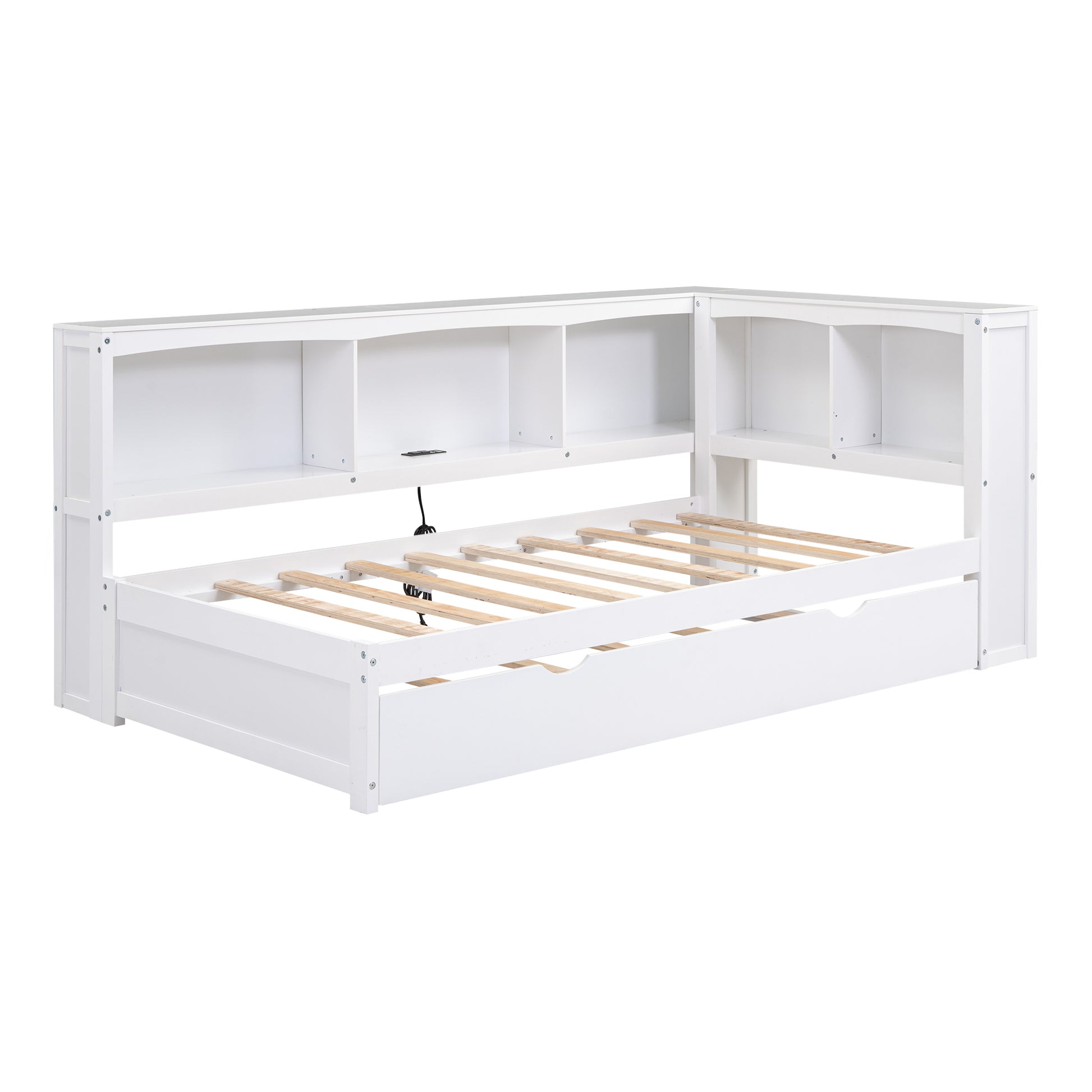 Twin Size Daybed With Trundle, Storage Cabinets And Usb Ports, White Box Spring Not Required Twin White Wood Solid Wood Mdf