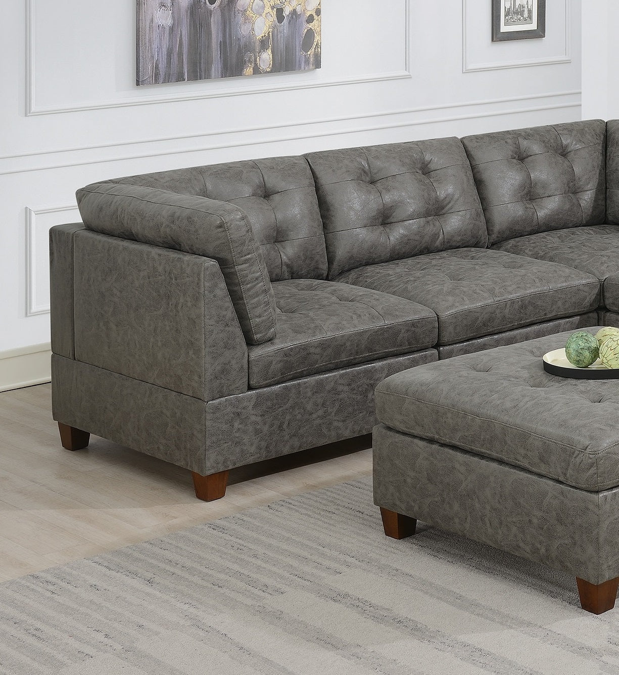 Living Room Furniture Antique Grey Modular Sectional 6Pc Set Tufted Couch 3X Corner Wedge 2X Armless Chairs And 1X Ottoman Antique Gray Wood Primary Living Space Tufted Back Contemporary,Modern,Transitional Modular Faux Leather 6 Seat