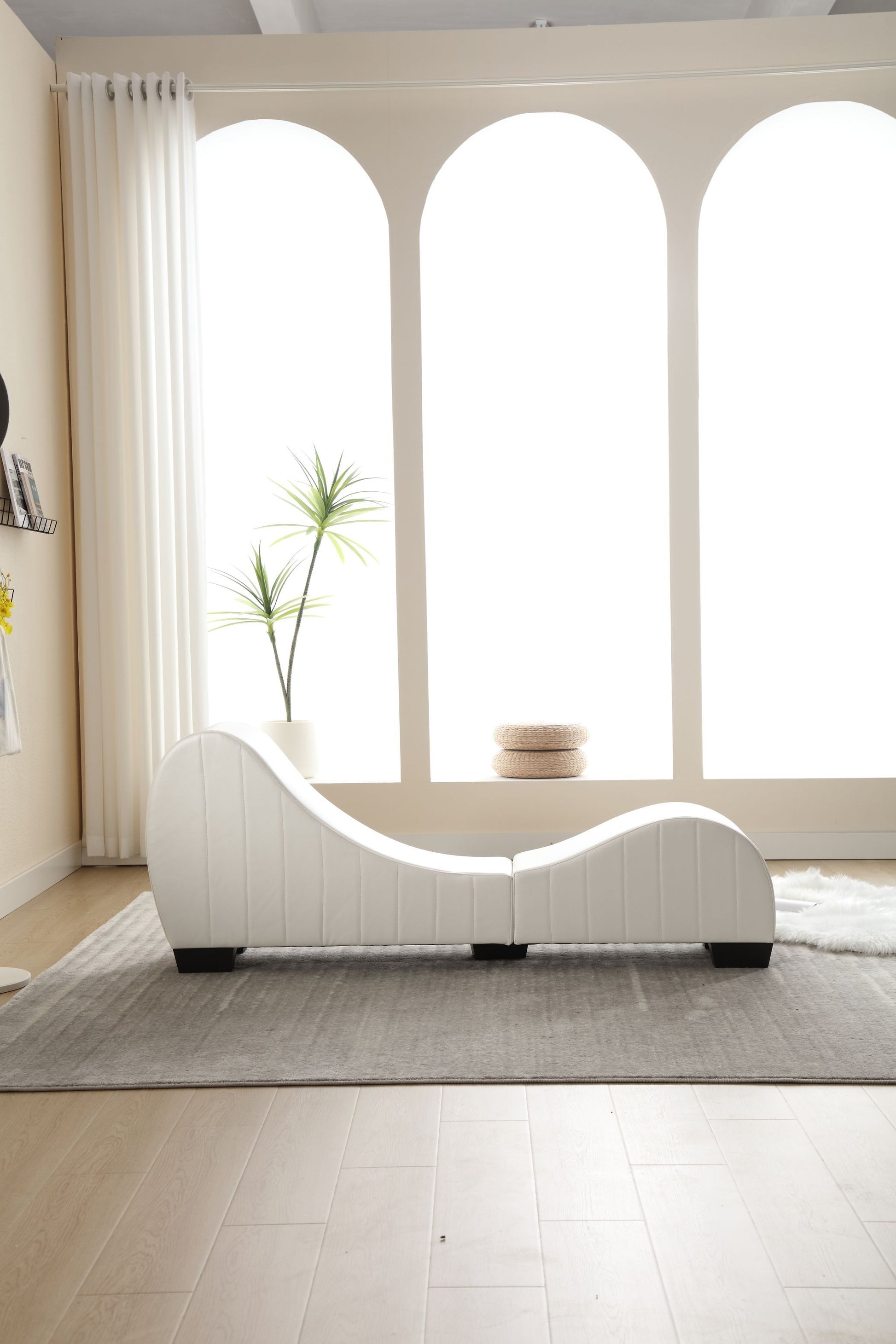 Factory Direct Yoga Chaise Lounge Collection For Stretching & Relaxation Modern Faux Leather Curved Sofa, Modern Faux Leather Curved Sofa, Living Room Bedroom Accent White Primary Living Space American Design,Luxury Plywood Pvc