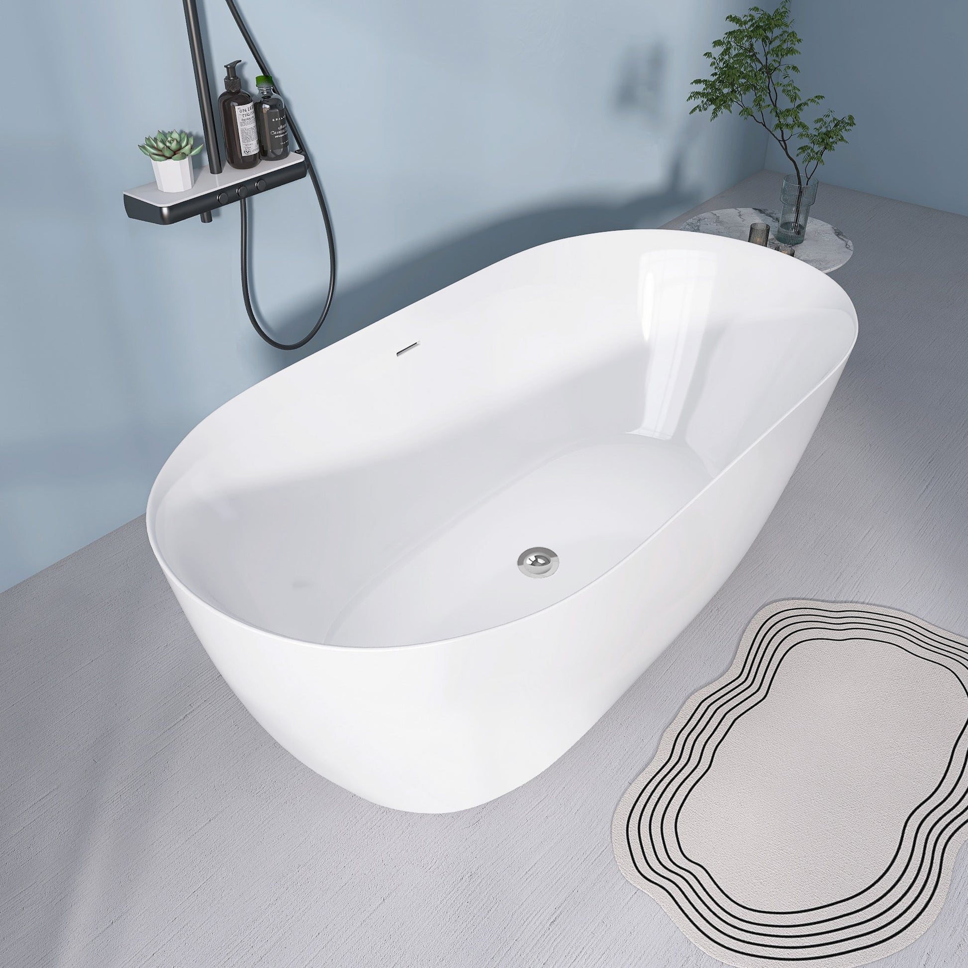 59" Acrylic Free Standing Tub Modern Oval Shape Soaking Tub Adjustable Freestanding Bathtub With Integrated Slotted Overflow And Chrome Pop Up Drain Anti Clogging Gloss White Gloss White Oval Bathroom Freestanding Tubs Polished 59 61 In Modern Soaking