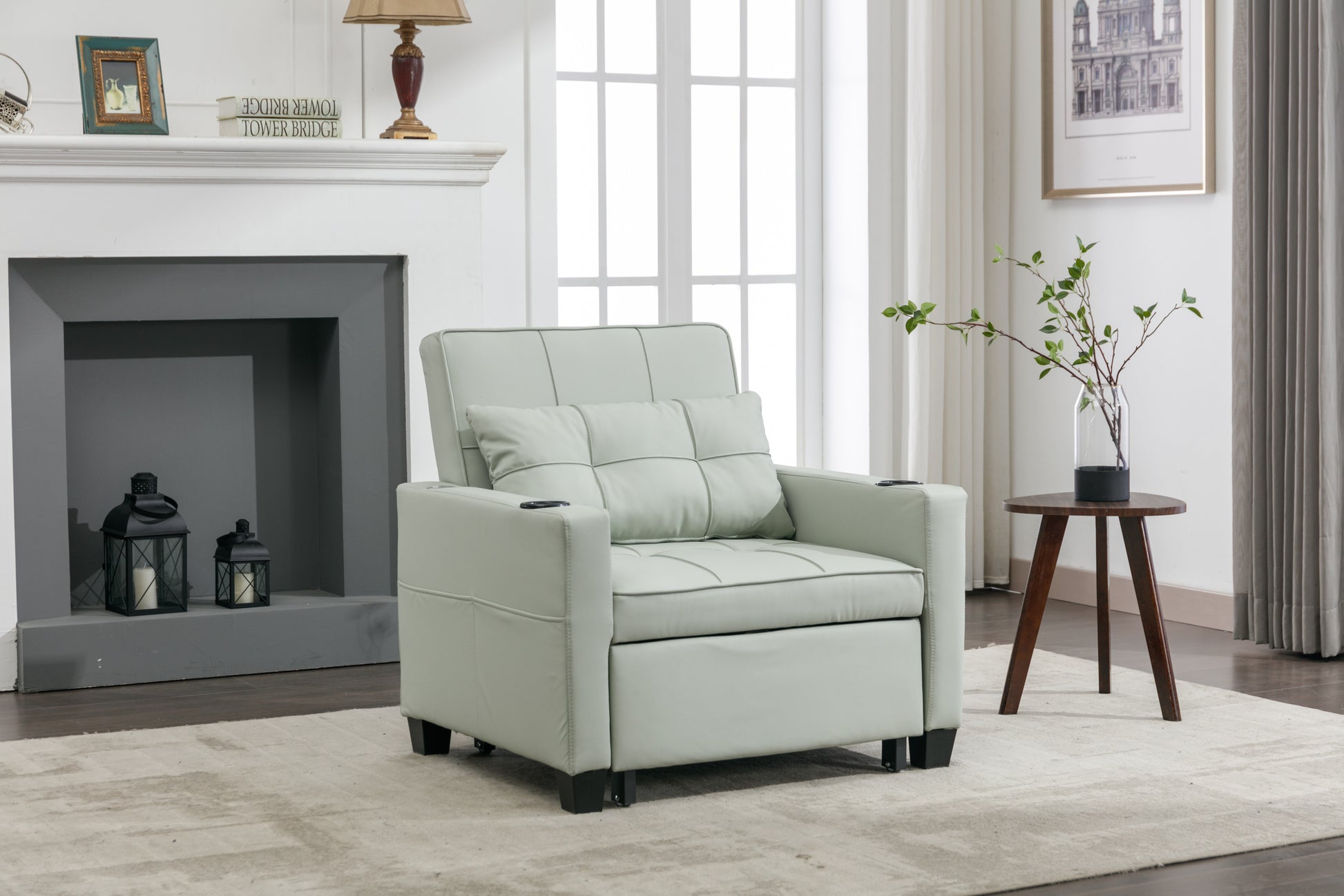 Futon Chair Bed Convertible Chair 3 In 1 Pull Out Sleeper Chair Beds With Usb Ports, Wear Resistant And Anti Scratch, Armchair Bed Sleeper For Living Room Green Leather Green Foam Leather 1 Seat