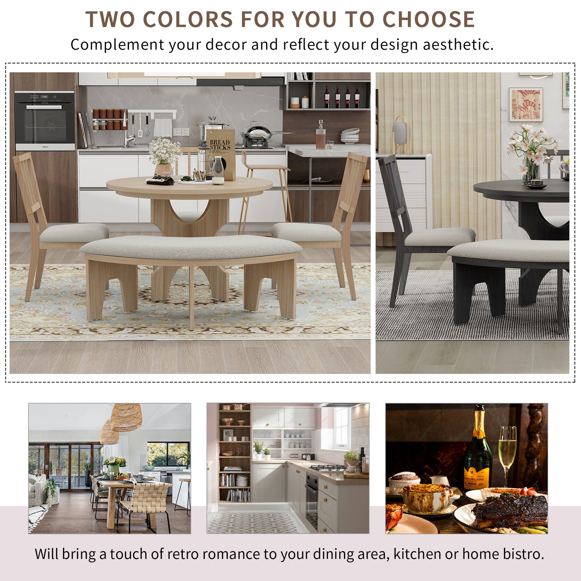5 Piece Dining Table Set, 44" Round Dining Table With Curved Bench & Side Chairs For 4 5 People For Dining Room And Kitchen Natural Wood Wash Wood Dining Room Distressed Finish Rubberwood Round Dining Table With Chair And Bench Upholstered Chair Wood