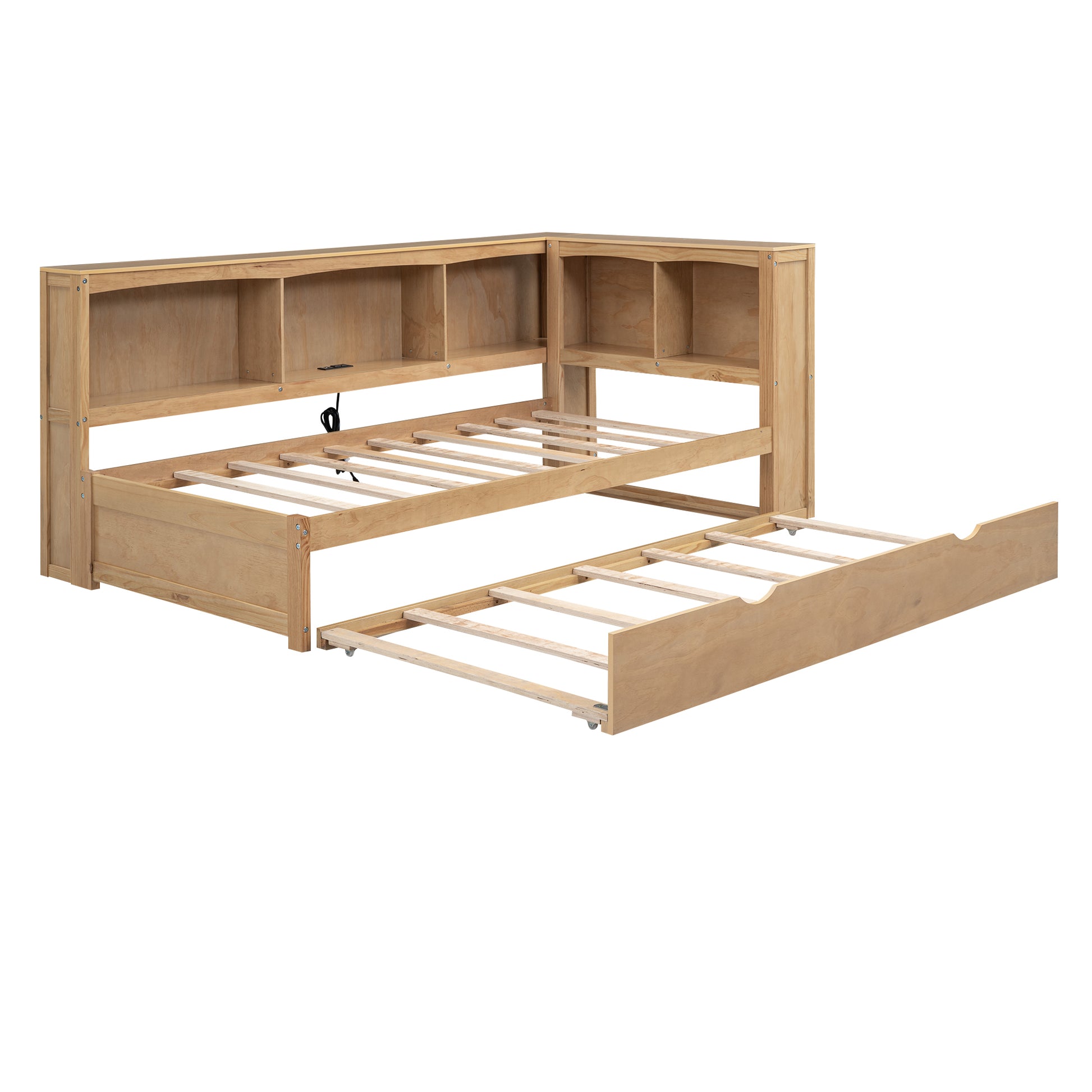 Twin Size Daybed With Trundle, Storage Cabinets And Usb Ports, Wood Color Box Spring Not Required Twin White Wood Solid Wood Mdf