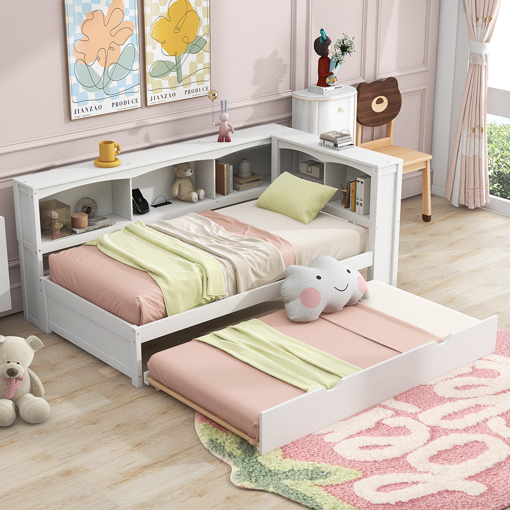 Twin Size Daybed With Trundle, Storage Cabinets And Usb Ports, White Box Spring Not Required Twin White Wood Solid Wood Mdf