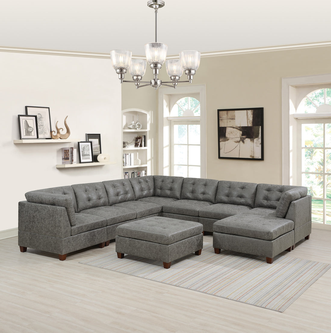 Living Room Furniture Antique Grey Modular Sectional 9Pc Set Tufted Couch 3X Corner Wedge 4X Armless Chairs And 2X Ottoman Antique Gray Wood Primary Living Space Tufted Back Contemporary,Modern,Transitional Modular Faux Leather 9 Seat