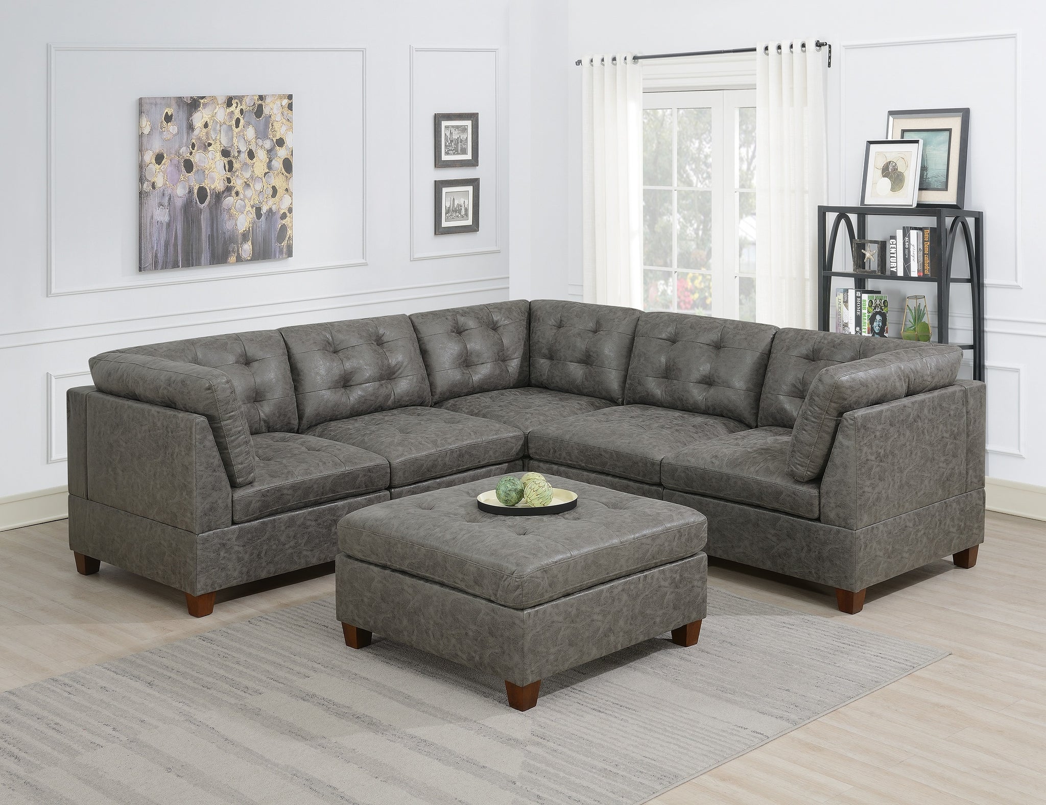 Living Room Furniture Antique Grey Modular Sectional 6Pc Set Tufted Couch 3X Corner Wedge 2X Armless Chairs And 1X Ottoman Antique Gray Wood Primary Living Space Tufted Back Contemporary,Modern,Transitional Modular Faux Leather 6 Seat