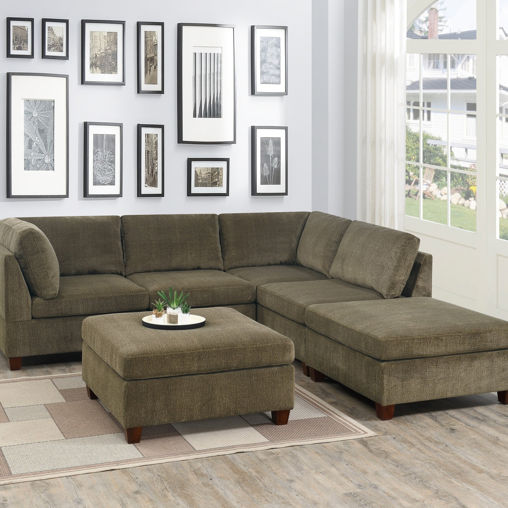 Living Room Furniture Tan Chenille Modular Sectional 6Pc Set Corner L Sectional Modern Couch 2X Corner Wedge 2X Armless Chairs And 2X Ottomans Plywood Tan Chenille Wood Primary Living Space Cushion Back Contemporary,Modern Modular Chenille 6 Seat