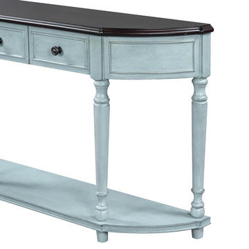 Retro Circular Curved Design Console Table With Open Style Shelf Solid Wooden Frame And Legs Two Top Drawers Cherry Antique Blue, Old Sku: Wf298768Aac Cherry Antique Blue Solid Wood