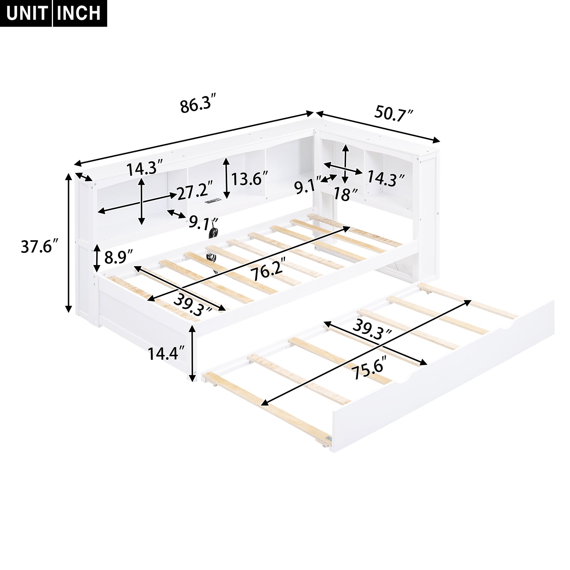 Twin Size Daybed With Trundle, Storage Cabinets And Usb Ports, White Box Spring Not Required Twin White Wood Solid Wood Mdf