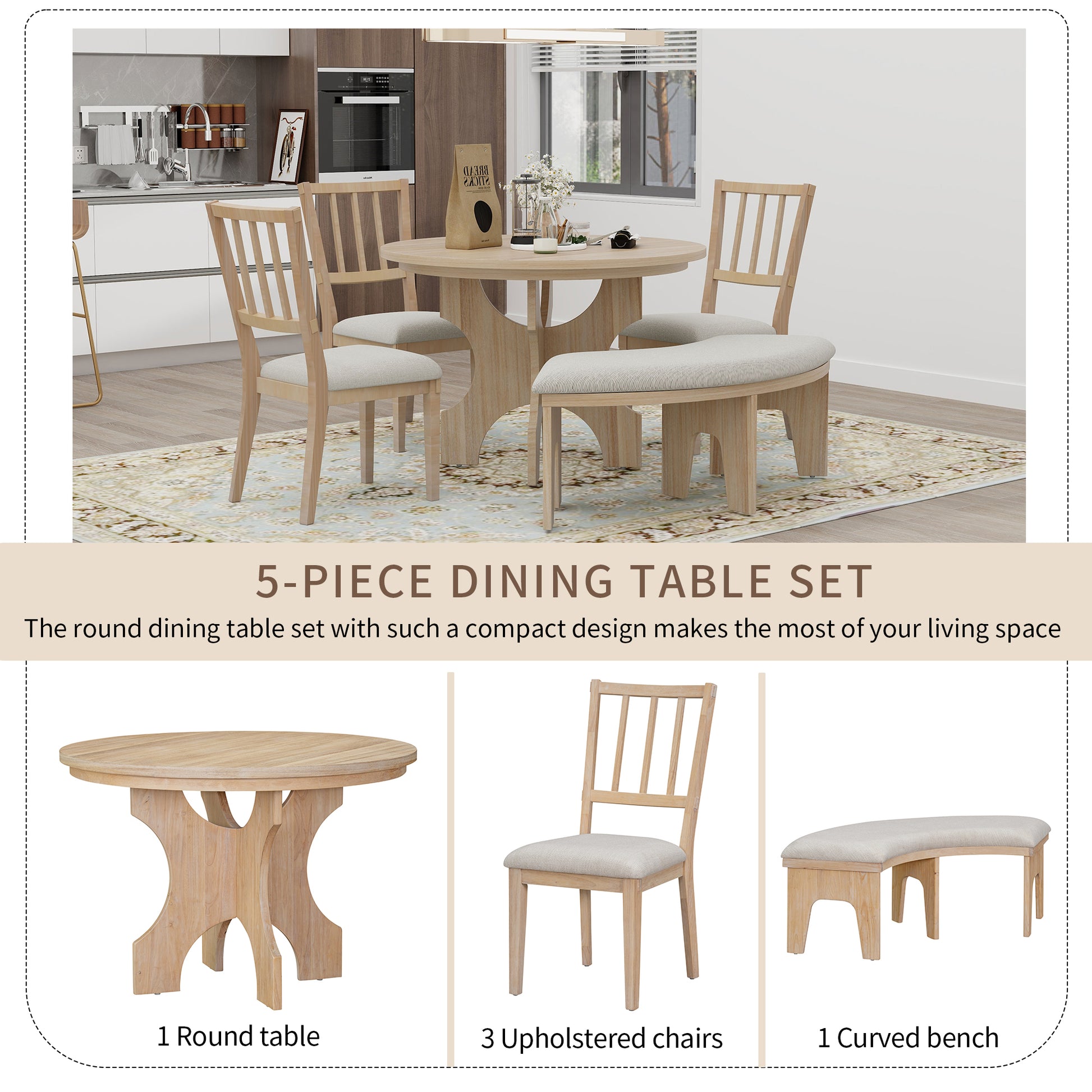 5 Piece Dining Table Set, 44" Round Dining Table With Curved Bench & Side Chairs For 4 5 People For Dining Room And Kitchen Natural Wood Wash Wood Dining Room Distressed Finish Rubberwood Round Dining Table With Chair And Bench Upholstered Chair Wood