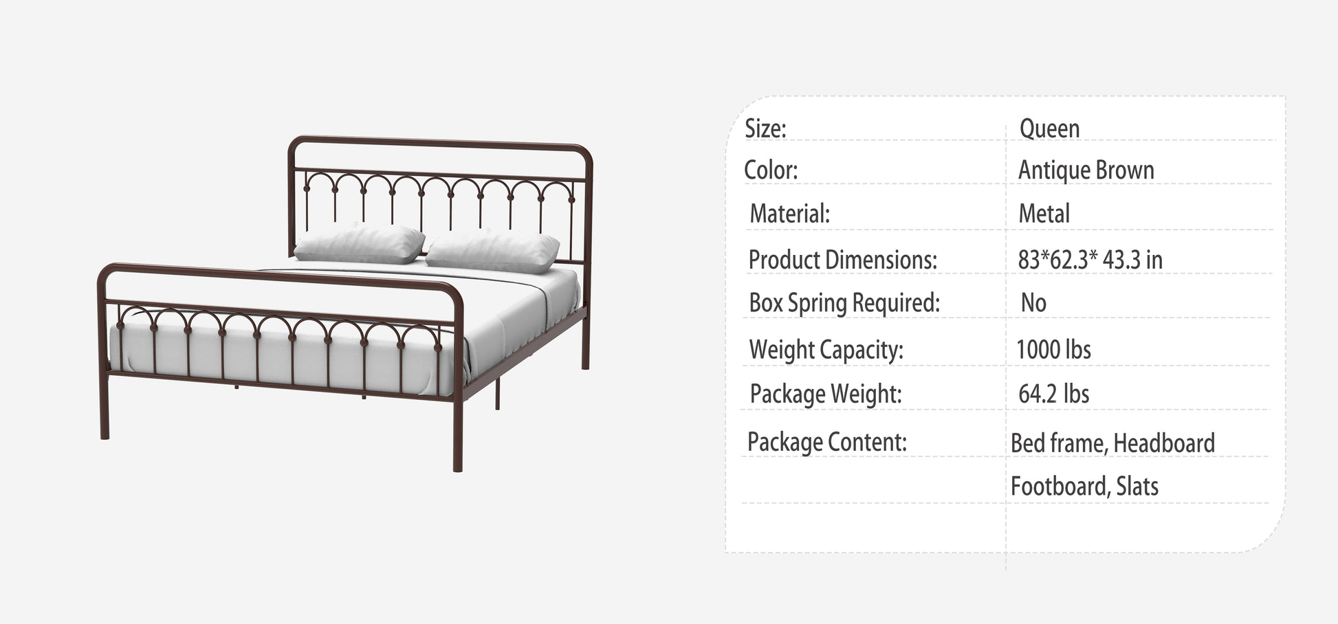 Tara Metal Bed Queen, Antique Brown Box Spring Not Required Queen Antique Brown Metal Bedroom Bed Frame Metal Metal