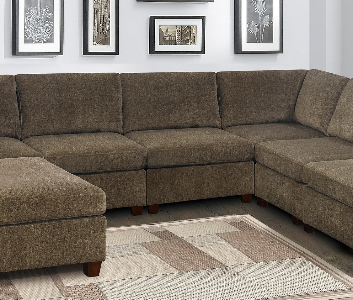 Living Room Furniture Tan Chenille Modular Sectional 7Pc Set U Sectional Modern Couch 2X Corner Wedge 3X Armless Chairs And 2X Ottoman Plywood Tan Chenille Wood Primary Living Space Cushion Back Contemporary,Modern Modular Chenille 7 Seat