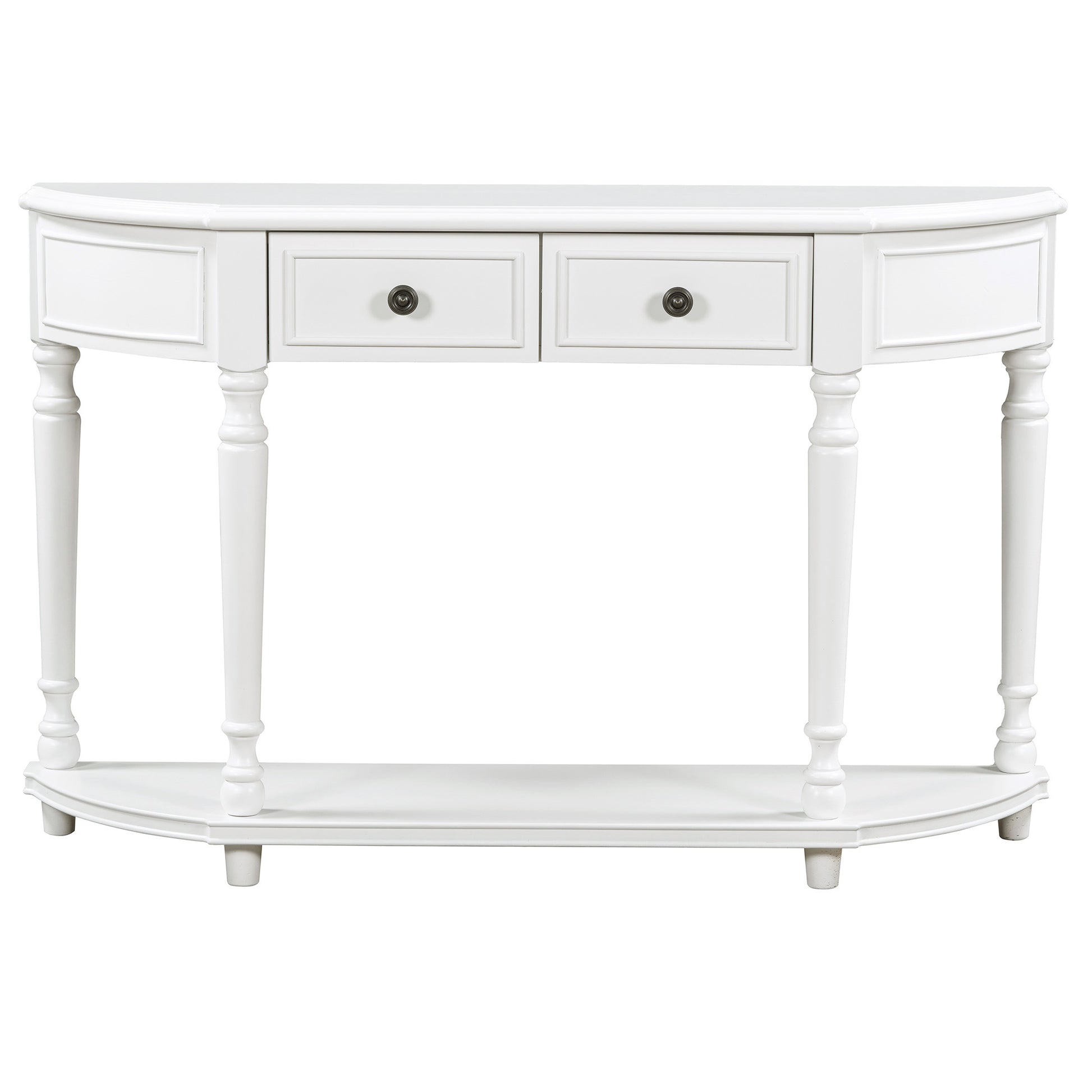 Retro Circular Curved Design Console Table With Open Style Shelf Solid Wooden Frame And Legs Two Top Drawers White, Old Sku: Wf298768Aak White Solid Wood