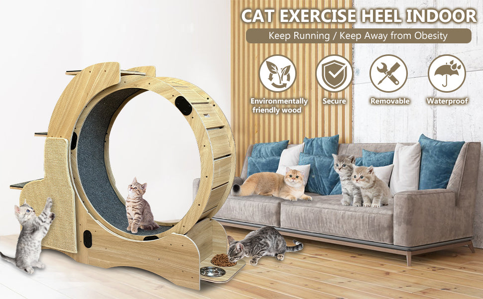 5 In 1 Cat Sports Running Wheel, Cats Wheel Wood Climbing Frame, Cat Litter Fitness Wheel, Oversized Roller Cat Indoor Activity Center,Large Right Natural Wood Wood