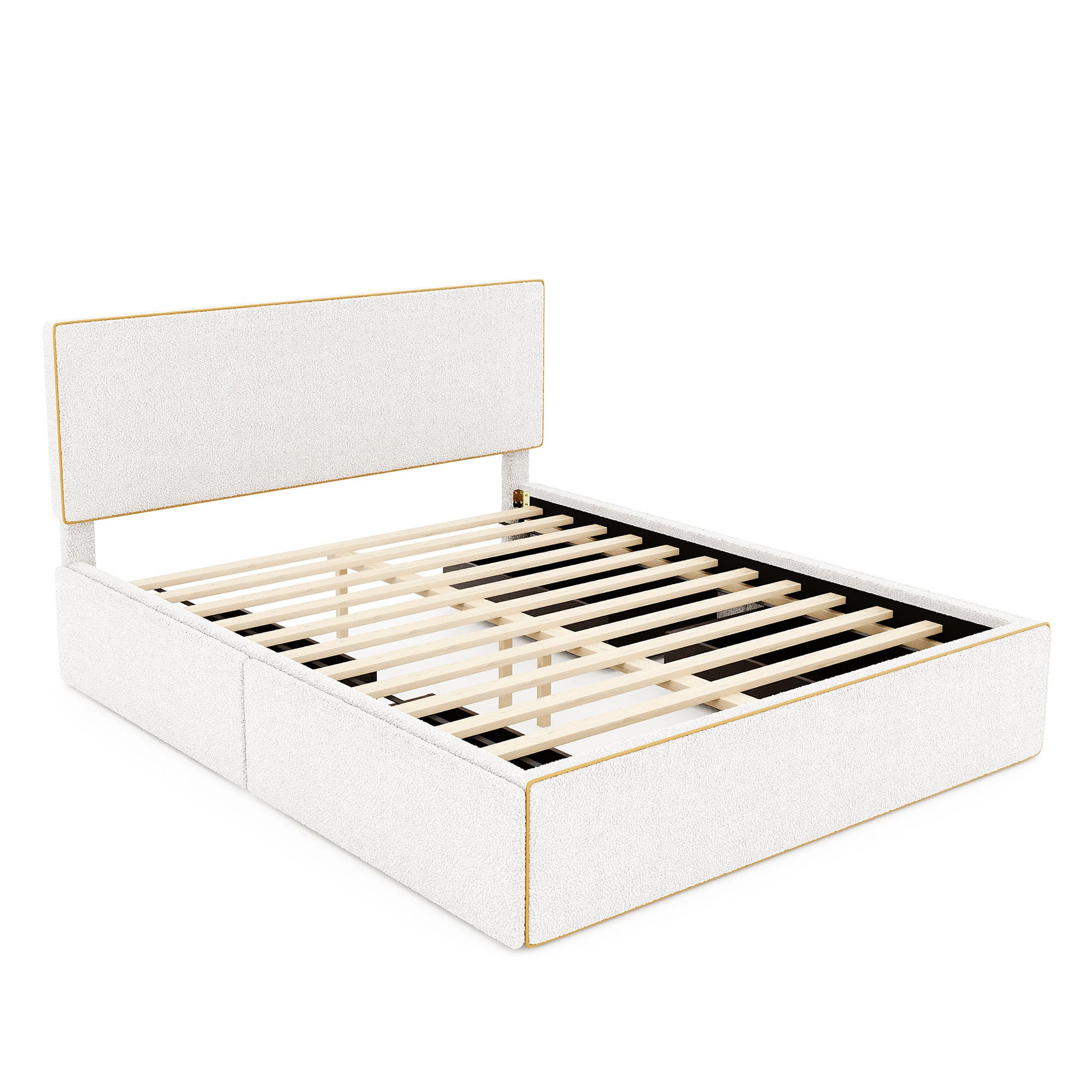 Queen Size Upholstered Platform Bed With 4 Drawers And Golden Edge On The Headboard & Footboard, White Queen White Upholstered