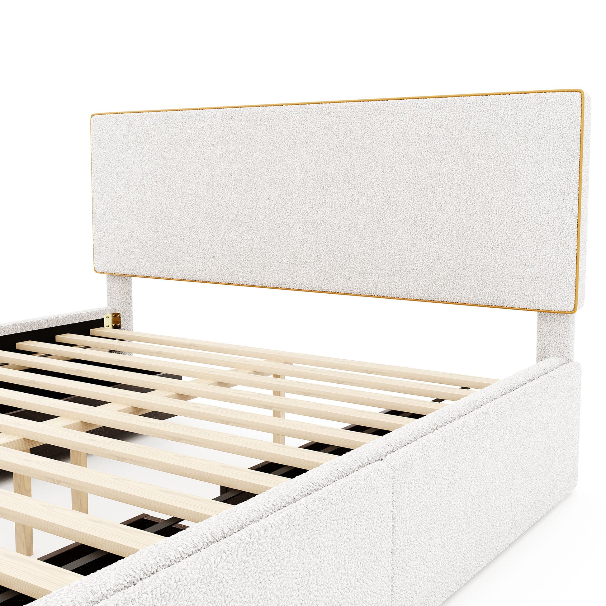 Queen Size Upholstered Platform Bed With 4 Drawers And Golden Edge On The Headboard & Footboard, White Queen White Upholstered