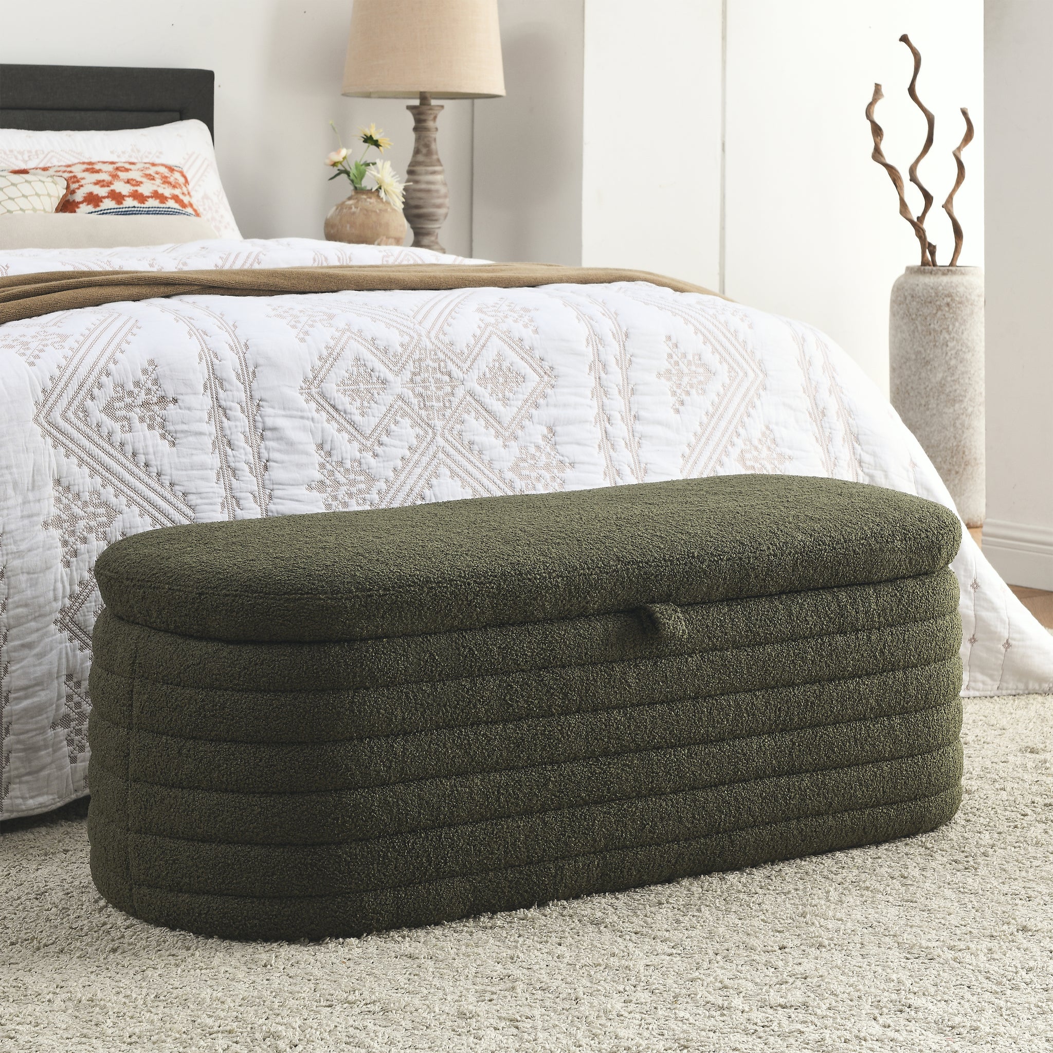 Video Welike Length 45.5 Inchesstorage Ottoman Bench Upholstered Fabric Storage Bench End Of Bed Stool With Safety Hinge For Bedroom, Living Room, Entryway, Green Teddy. Green Foam Fabric