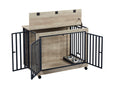 Furniture Style Dog Crate Side Table With Feeding Bowl, Wheels, Three Doors, Flip Up Top Opening. Indoor, Grey, 38.58