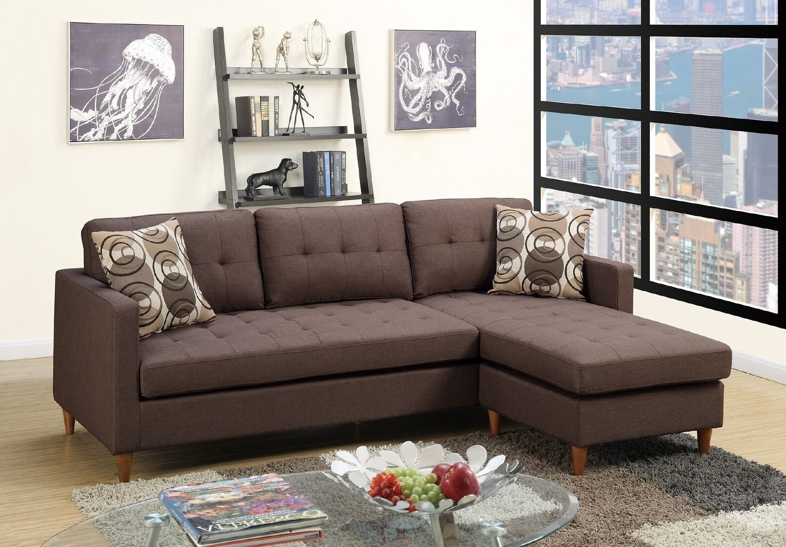 Chocolate Polyfiber Sectional Sofa Living Room Furniture Reversible Chaise Couch Pillows Tufted Back Modular Sectionals Chocolate Wood Primary Living Space Tufted Back Contemporary,Modern L Shaped Pine Square Arms Fabric 4 Seat