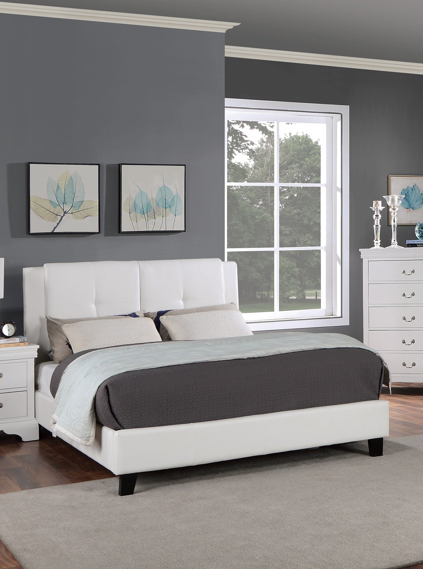 Queen Size Bed 1Pc Bed Set White Faux Leather Upholstered Tufted Bed Frame Headboard Bedroom Furniture Box Spring Not Required Queen White Wood Bedroom Modern,Transitional Pine Bed Frame Faux