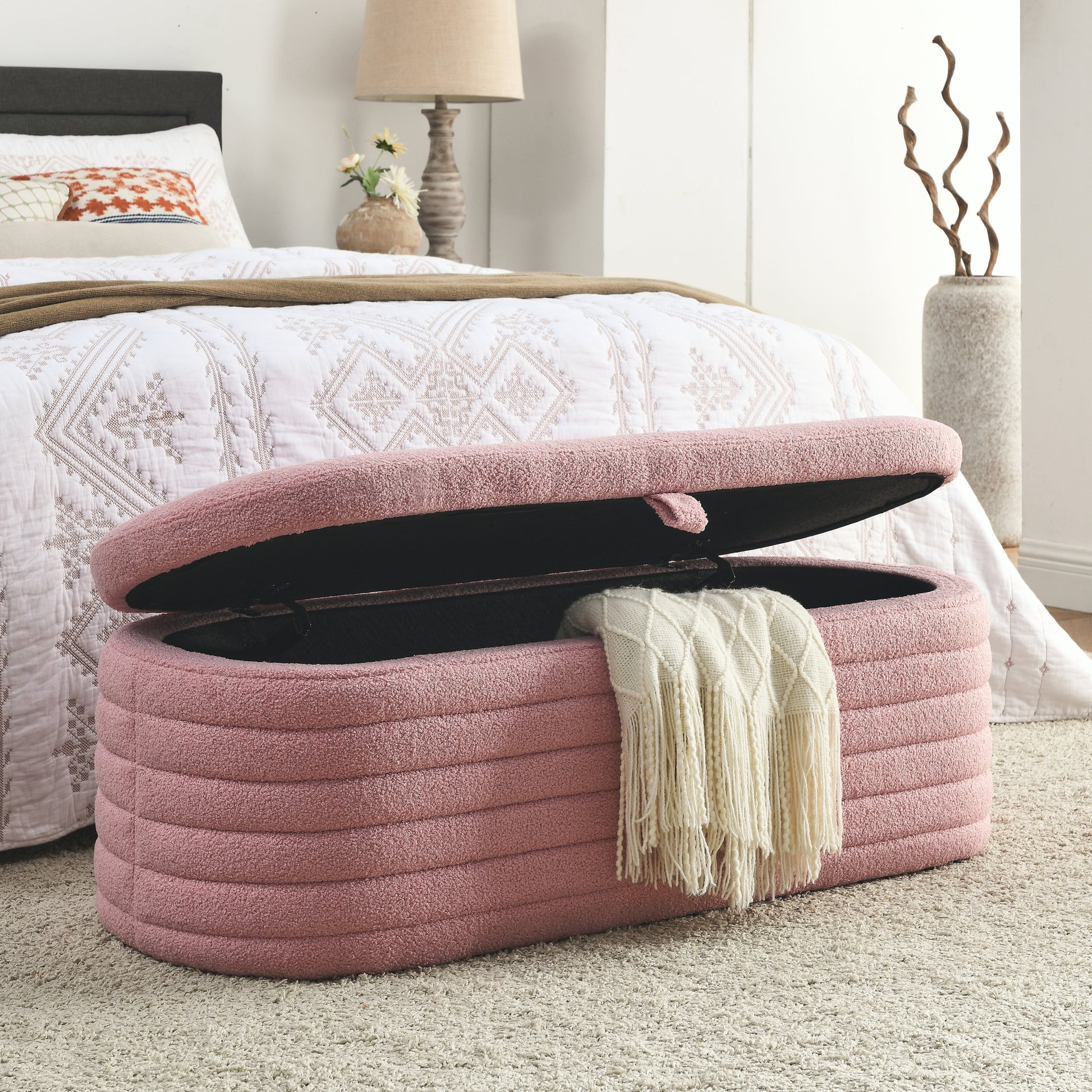 Video Welike Length 45.5 Inchesstorage Ottoman Bench Upholstered Fabric Storage Bench End Of Bed Stool With Safety Hinge For Bedroom, Living Room, Entryway, Pink Teddy. Pink Teddy Foam Fabric