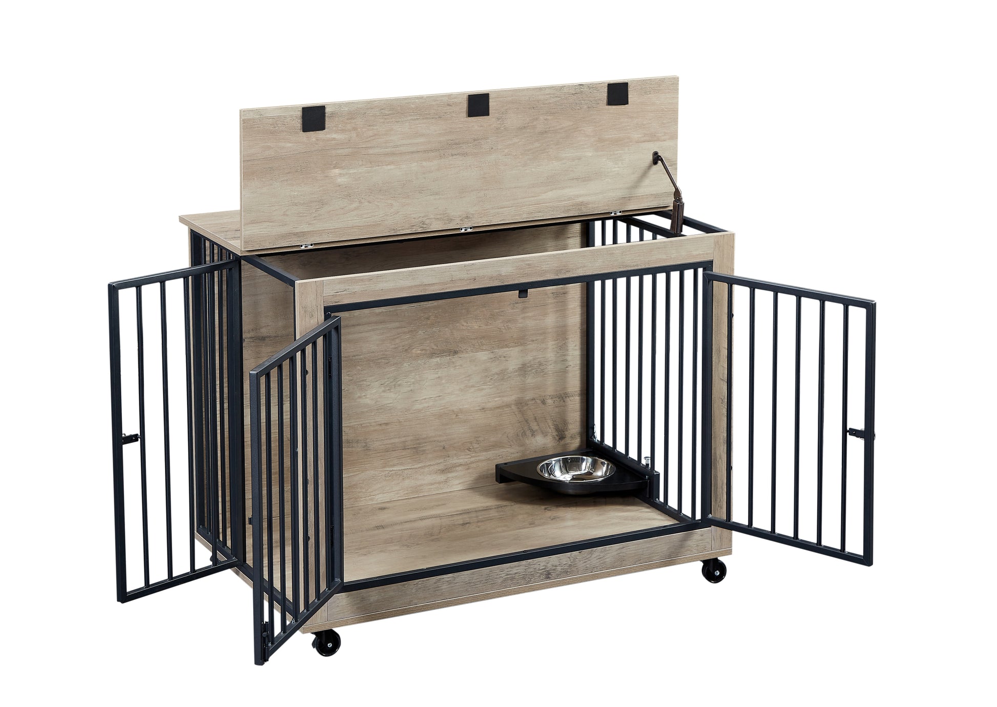 Furniture Style Dog Crate Side Table With Rotatable Feeding Bowl, Wheels, Three Doors, Flip Up Top Opening. Indoor, Grey, 38.58"W X 25.2"D X 27.17"H Grey Particle Board